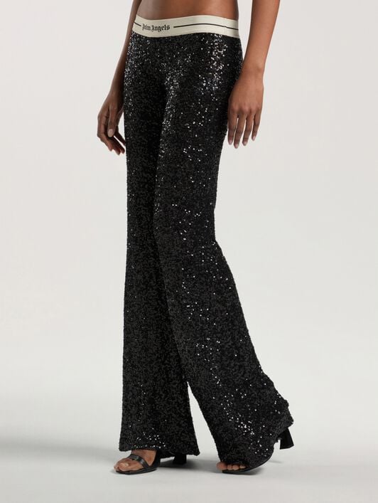 Logo Essential Sequins Pants PALM ANGELS Logo Essential Sequins Pants BLACK - CREAM PAWCJ06W26FB01