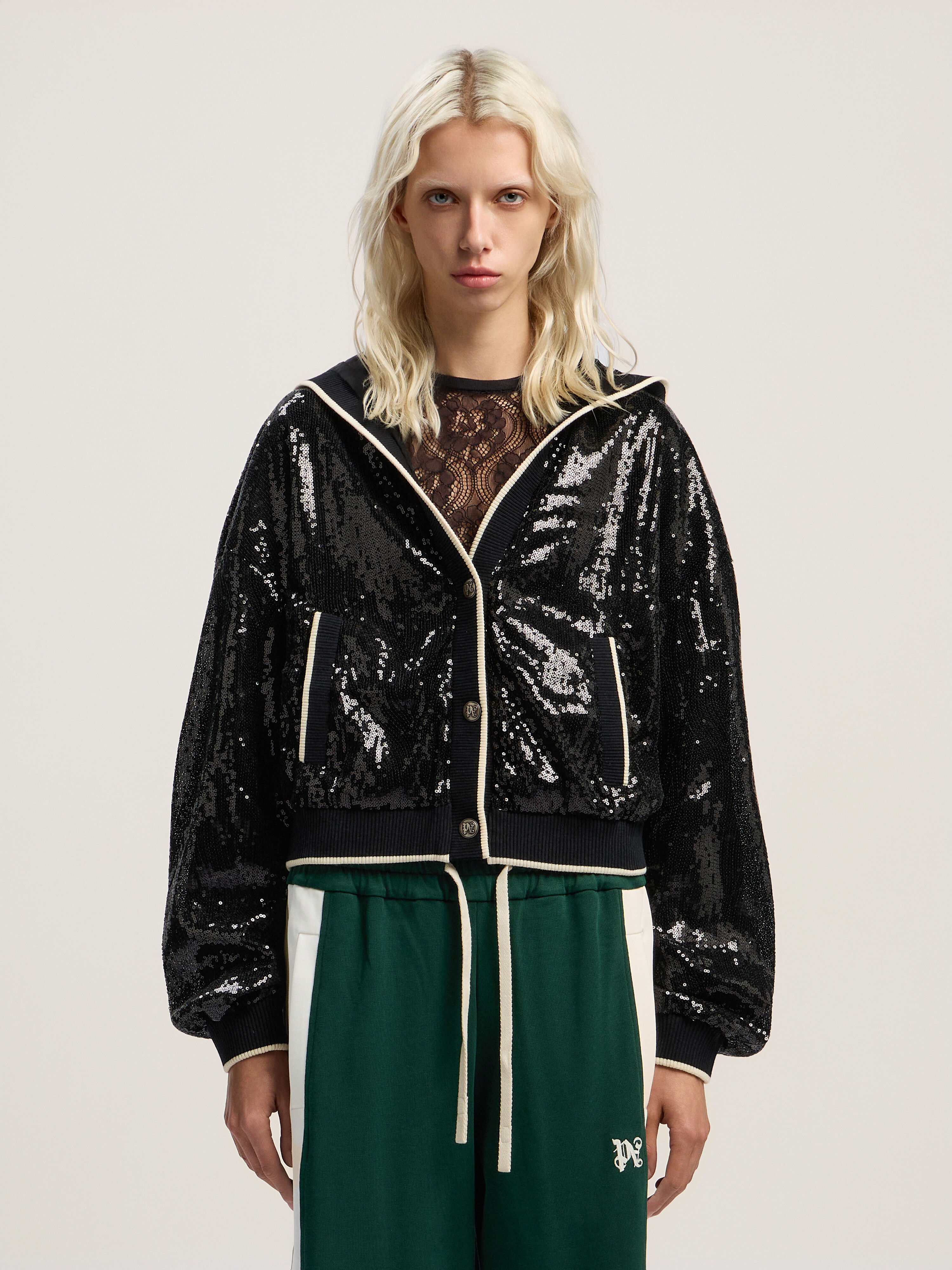 PALM ANGELS Curved Logo Sequin Crop Jacket BLACK - OFF WHITE PWEA129F25FAB001