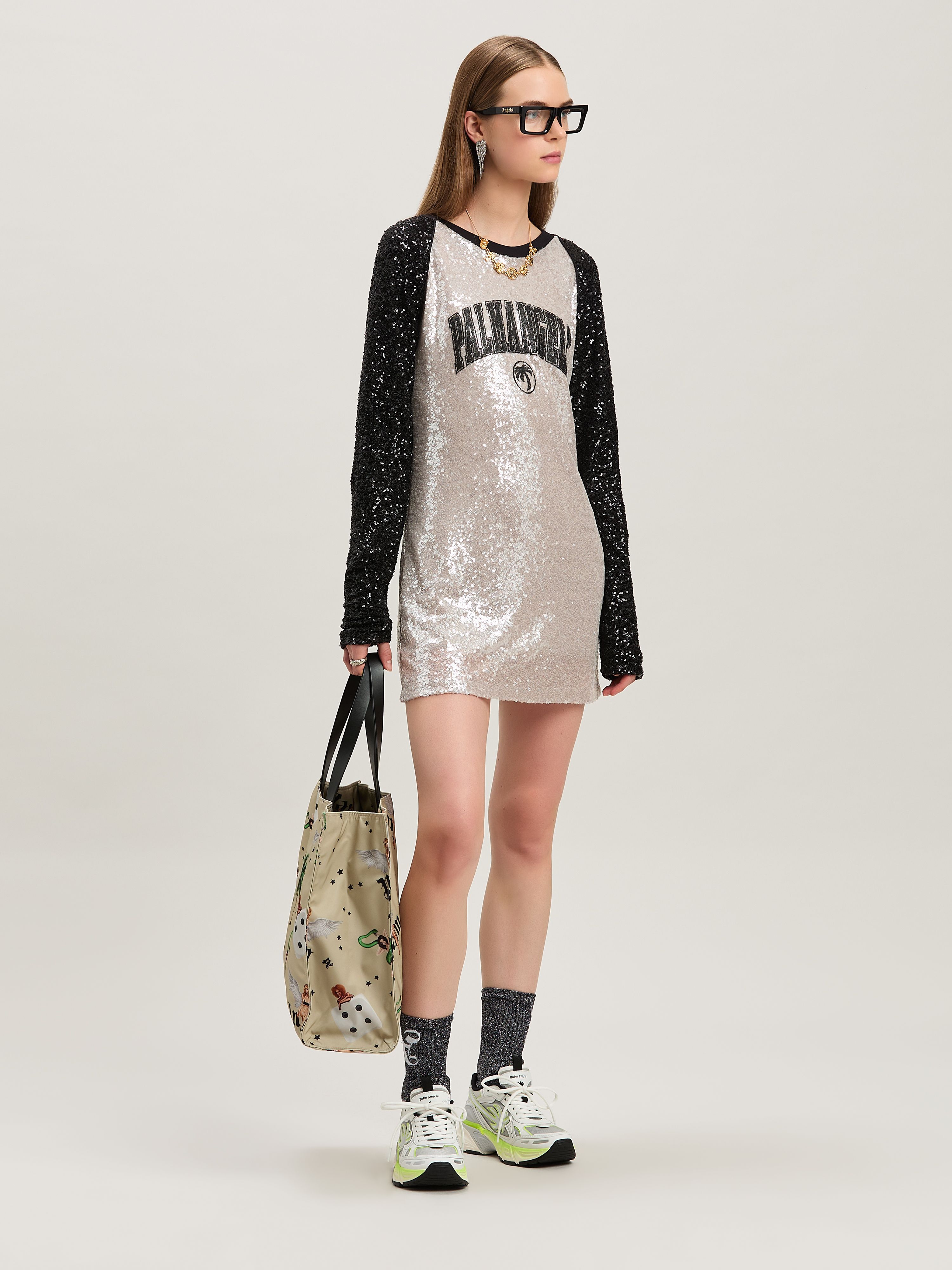 PALM ANGELS  College sequins dress GREY - BLACK PWDB255S25FAB001