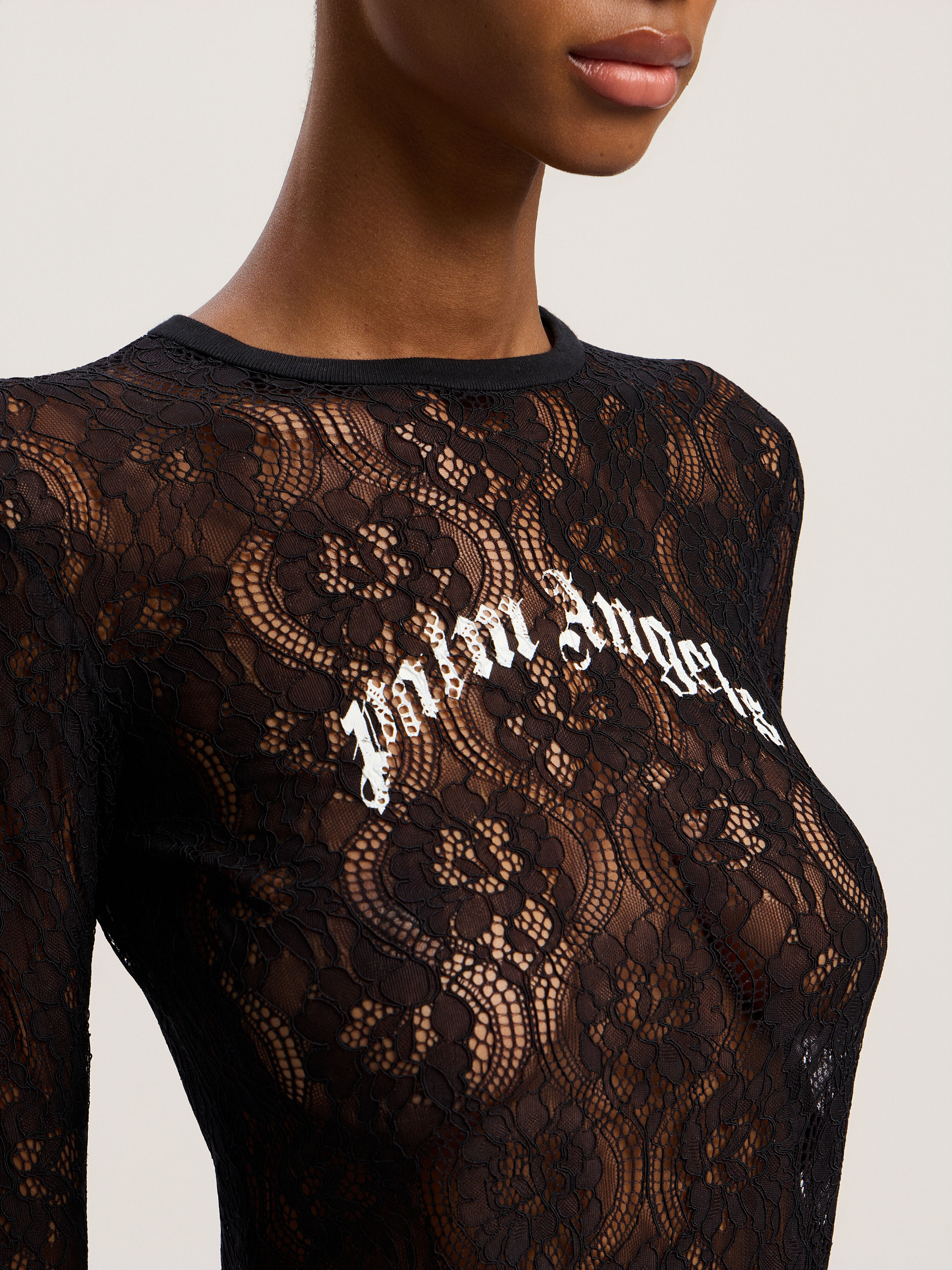 PALM ANGELS Curved Logo Lace Body BLACK - OFF WHITE PWDD01BF25FAB001
