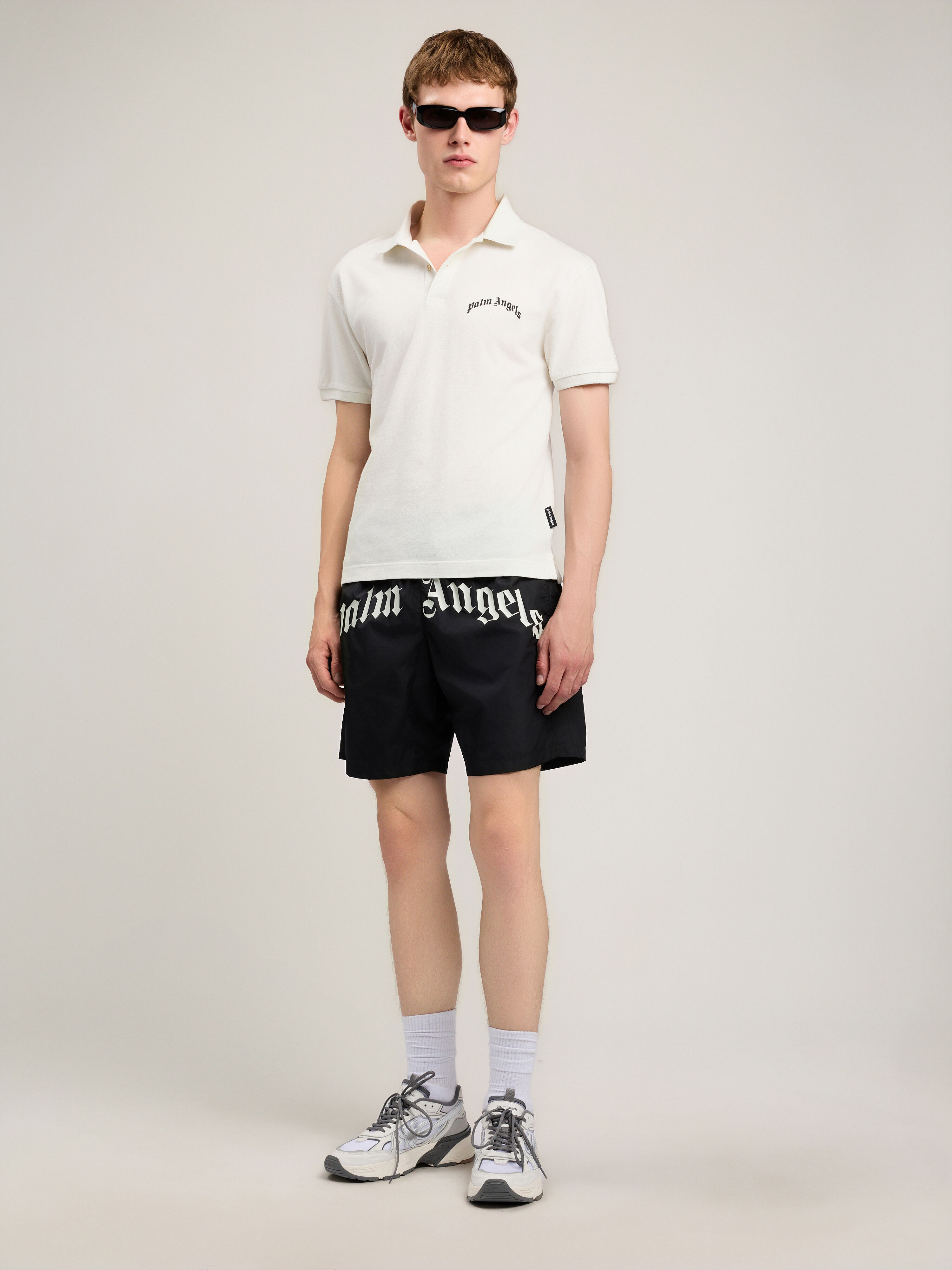 Curved Logo Swimshorts in BLACK OFF WHITE for Men | Palm Angels®