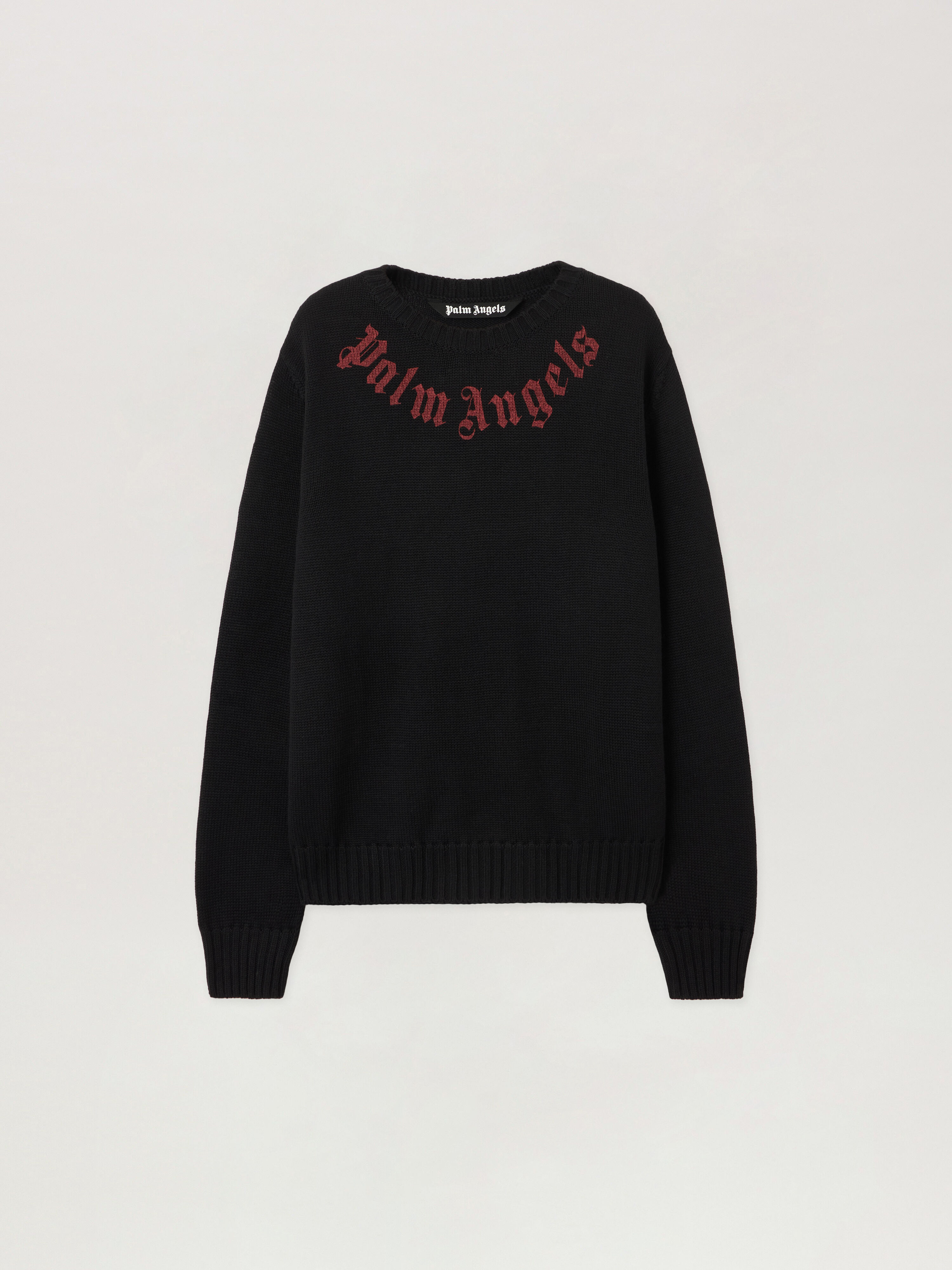 Curved Logo Knit Sweater in BLACK RED for Men | Palm Angels®