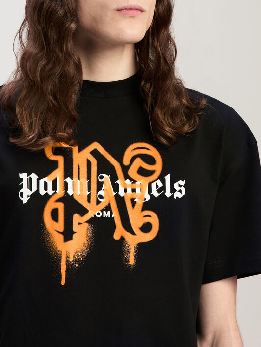 PALM ANGELS Roma Monogram Spray Tee BLACK ORANGE PMAA001C99JER029