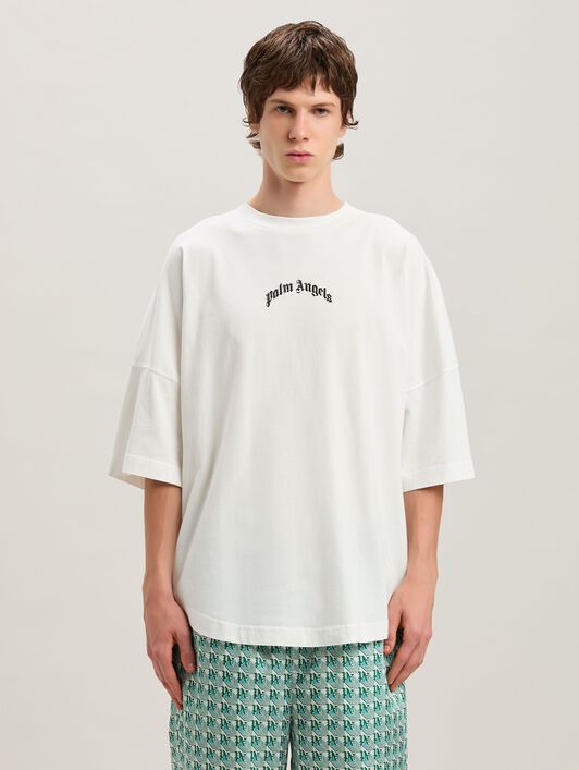 PALM ANGELS Curved logo Oversize T-shirt OFF WHITE - NERO PMAA002S25JER001