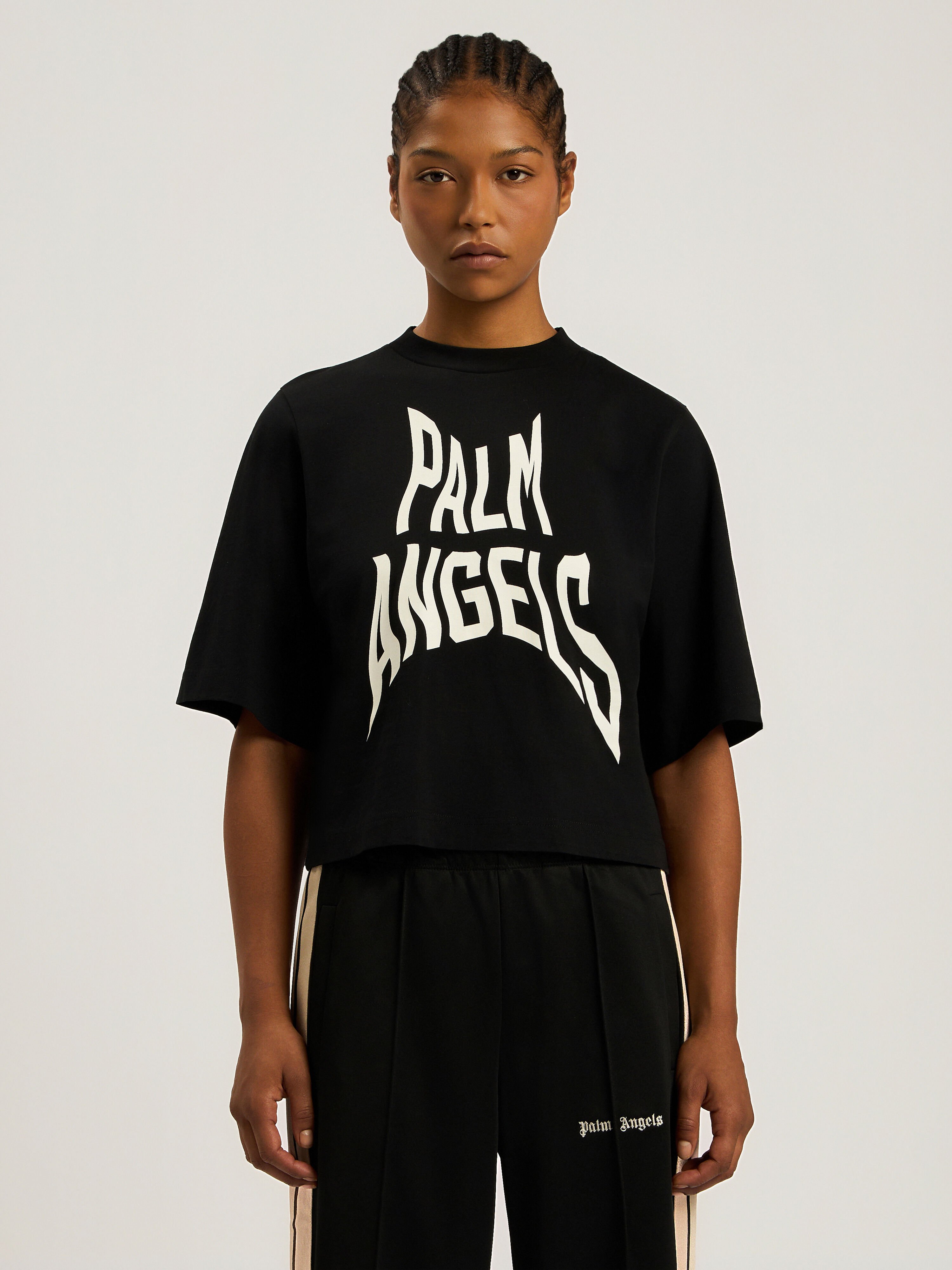 PALM ANGELS Palm Distorted Boxy T-Shirt BLACK - OFF WHITE PAWAA03F26JR07