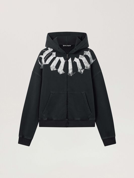 PALM ANGELS Big Neck Logo Zip Loose Hoodie BLACK - OFF WHITE PAMBE02F26FL01