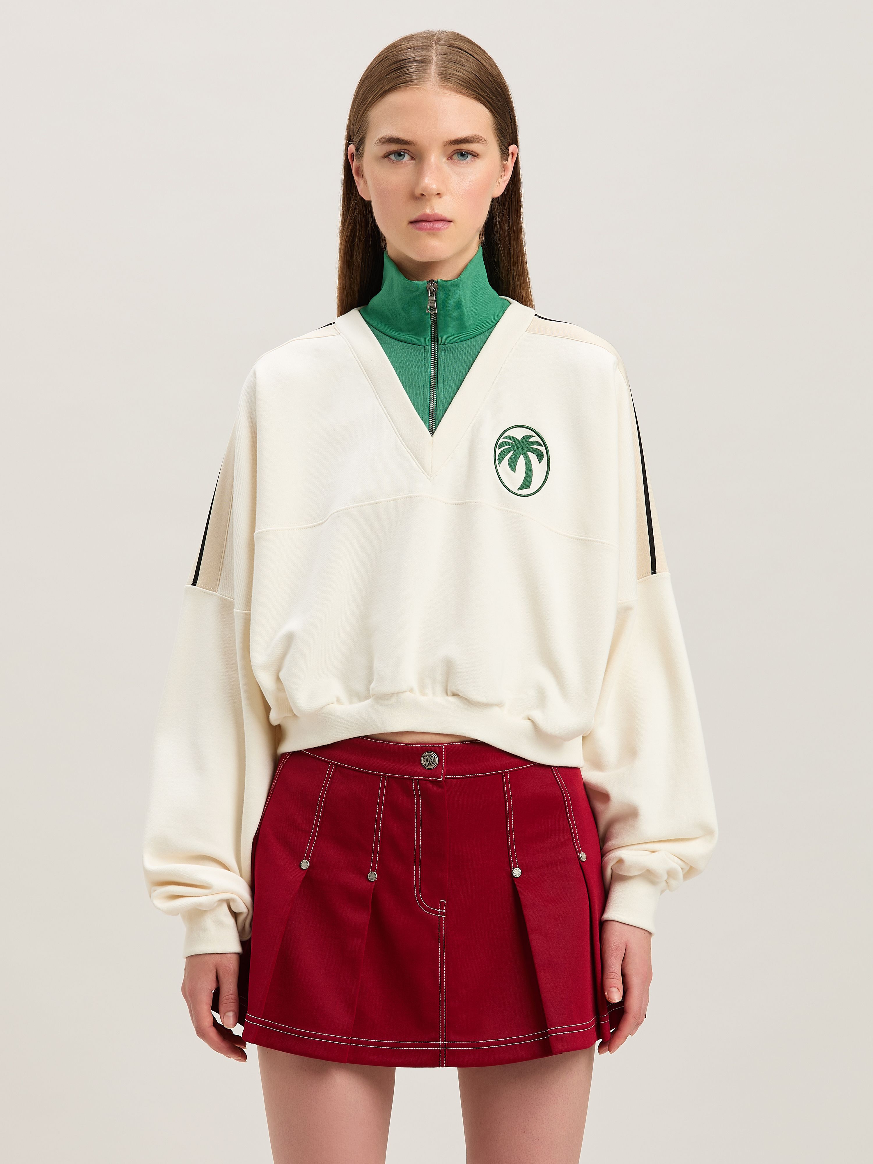 PALM ANGELS  Oval Palm Sweatshirt OFF WHITE - FOREST GREEN PWBA055S25FLE001