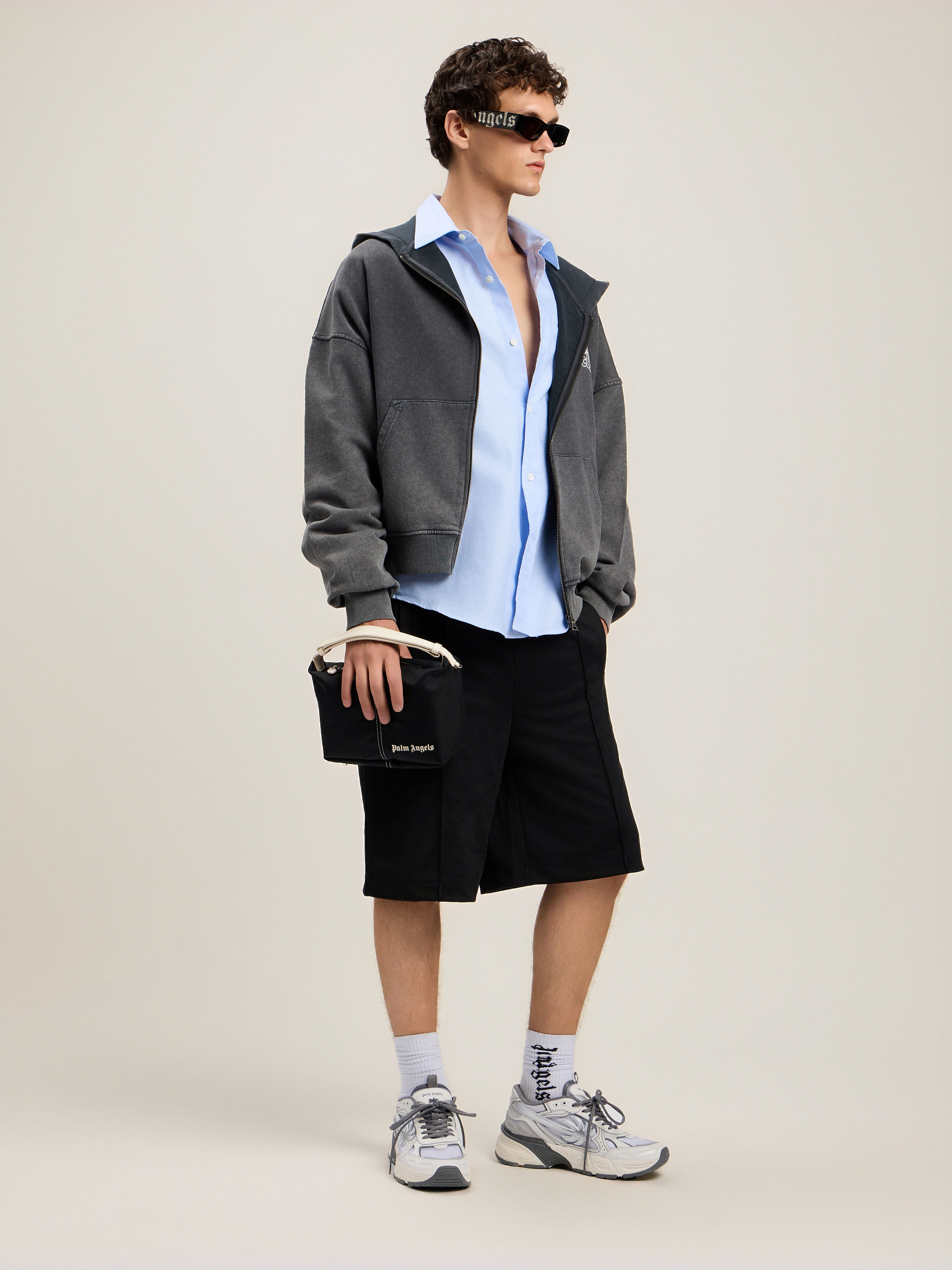 PALM ANGELS Back Curved Logo Track Shorts BLACK OFF WHITE PMCL00AS26FAB001