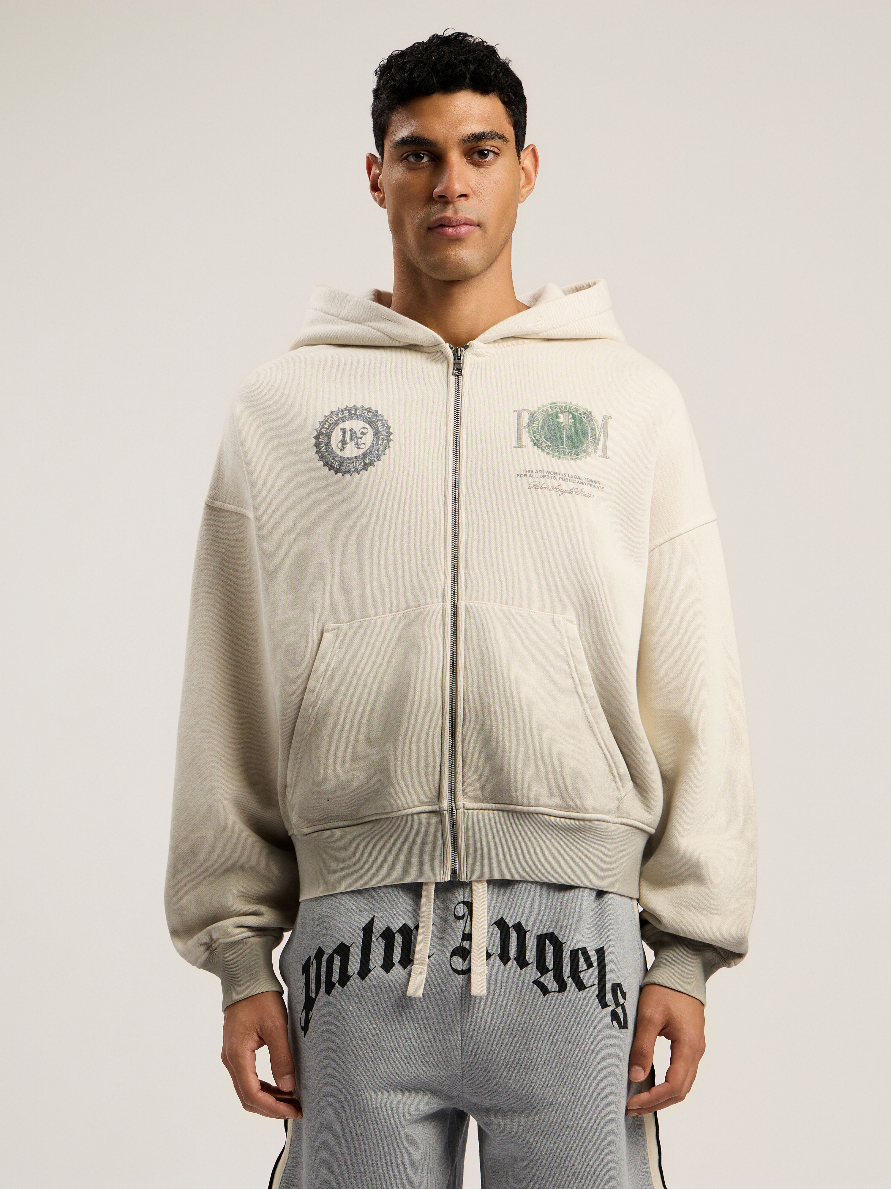 PALM ANGELS Dollar Zipped Loose Hoodie IVORY - BLACK PMBE02AF25FLE003