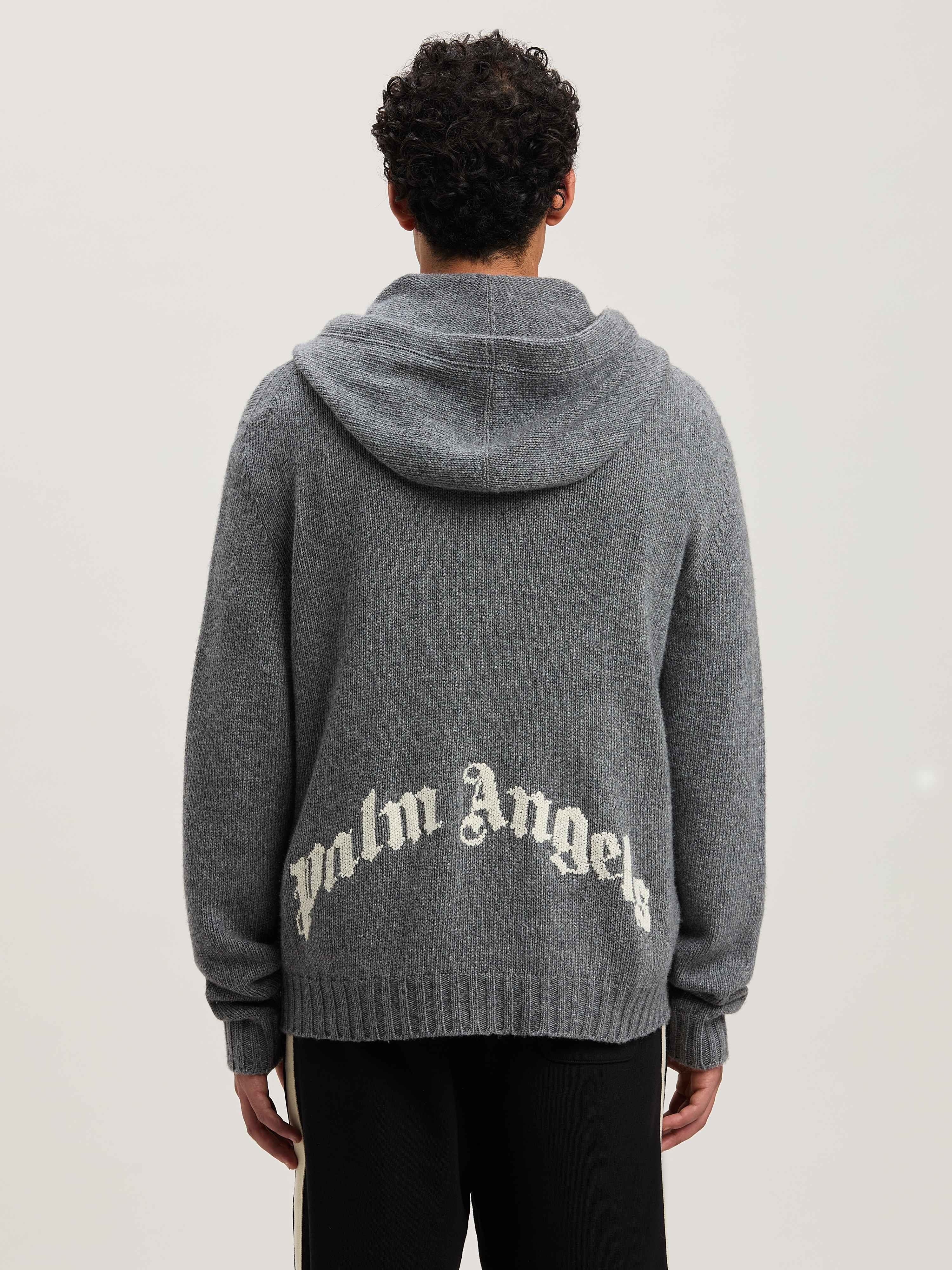 PALM ANGELS  Curved Logo knit hoodie GREY MELANGE - OFF WHITE PMHU023S25KNI001