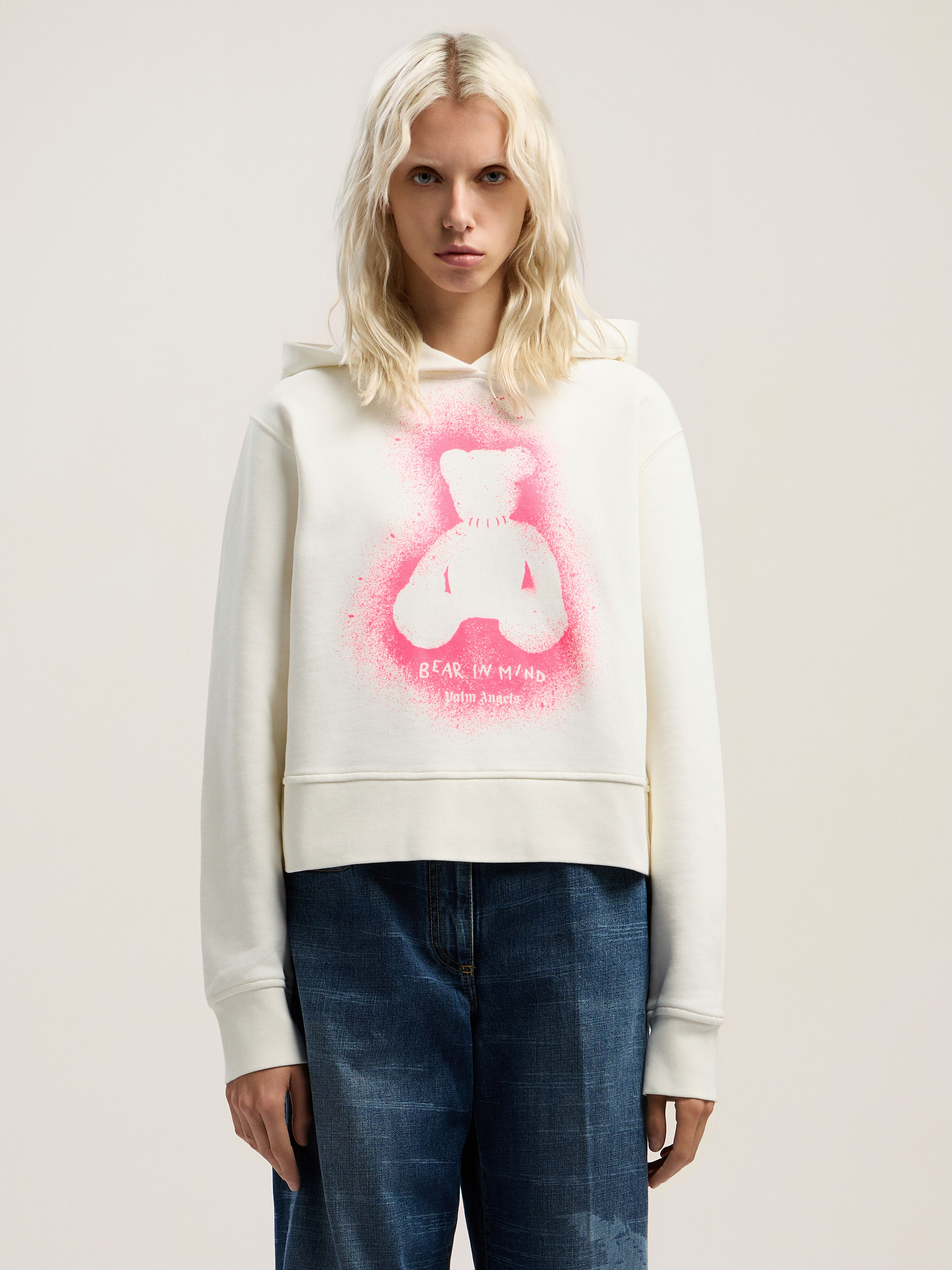 PALM ANGELS Spray Bear Fitted Hoody OFF WHITE - FUCHSIA FLUO PWBB069F25FLE001