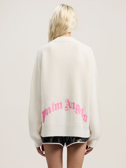 PALM ANGELS Curved Logo Ribbed Cardigan OFF WHITE - PINK PWHB045F25KNI001