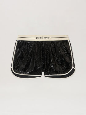 PALM ANGELS Classic Logo Sequin Shorts BLACK - OFF WHITE PWCB058F25FAB001
