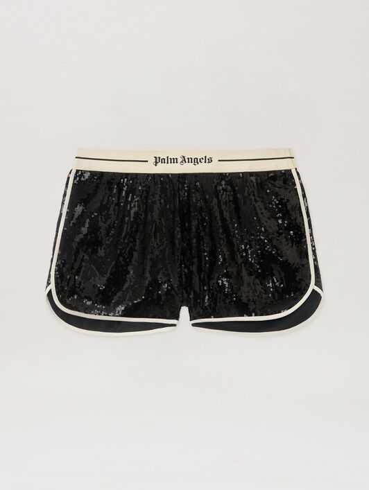 Classic Logo Sequin Shorts PALM ANGELS Classic Logo Sequin Shorts BLACK - OFF WHITE PWCB058F25FAB001
