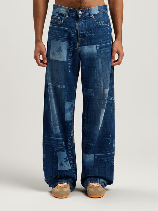 News Print Loose Denim Pants PALM ANGELS News Print Loose Denim Pants MEDIUM BLUE - DUSTY BLUE PMYA049F25DEN002
