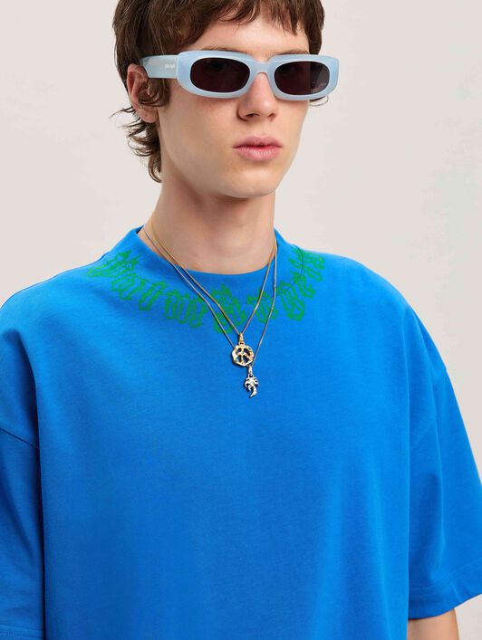 PALM ANGELS  Flame logo T-shirt BLUE - GREEN PMAA001S25JER002