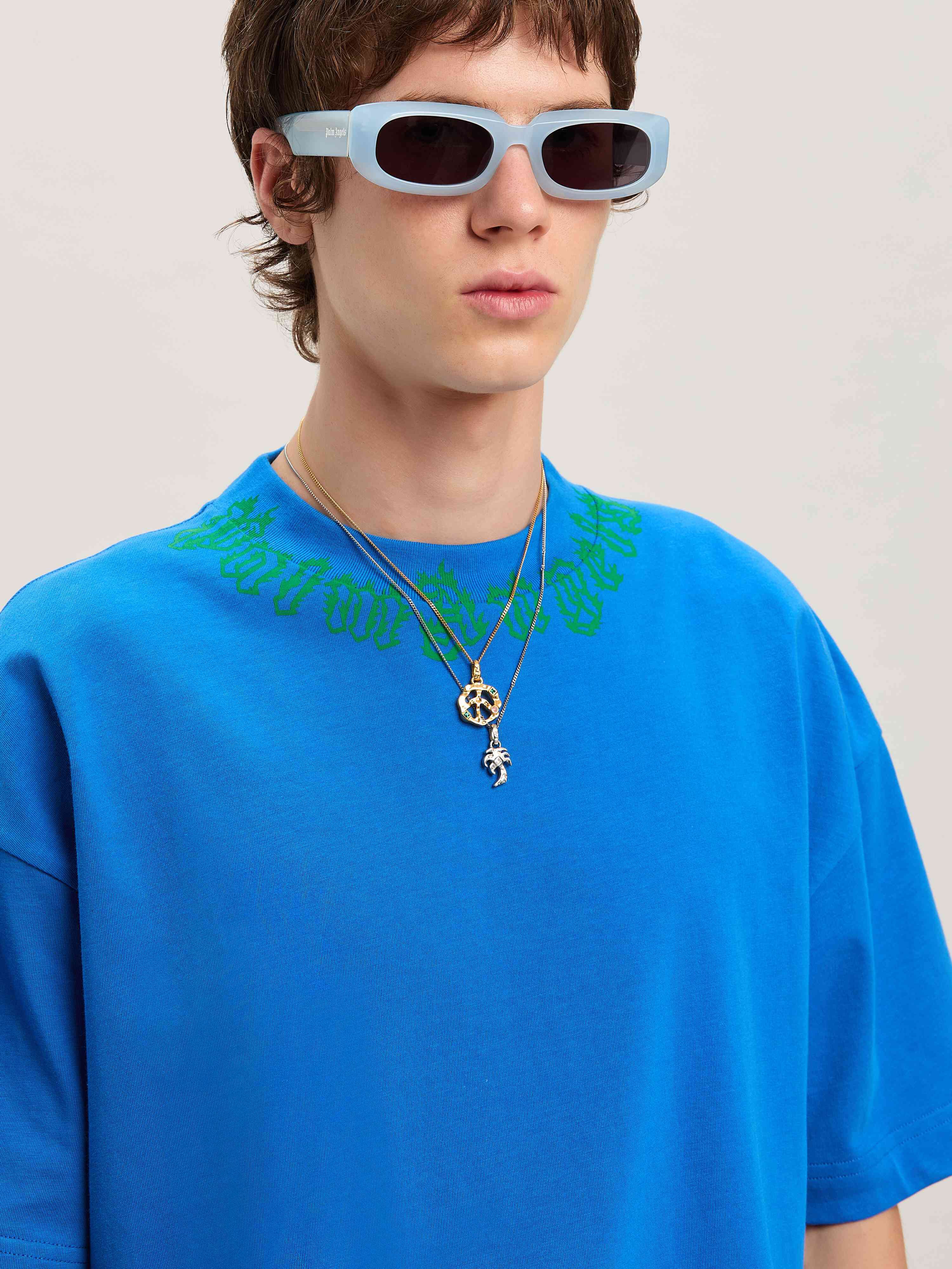 PALM ANGELS  Flame logo T-shirt BLUE - GREEN PMAA001S25JER002