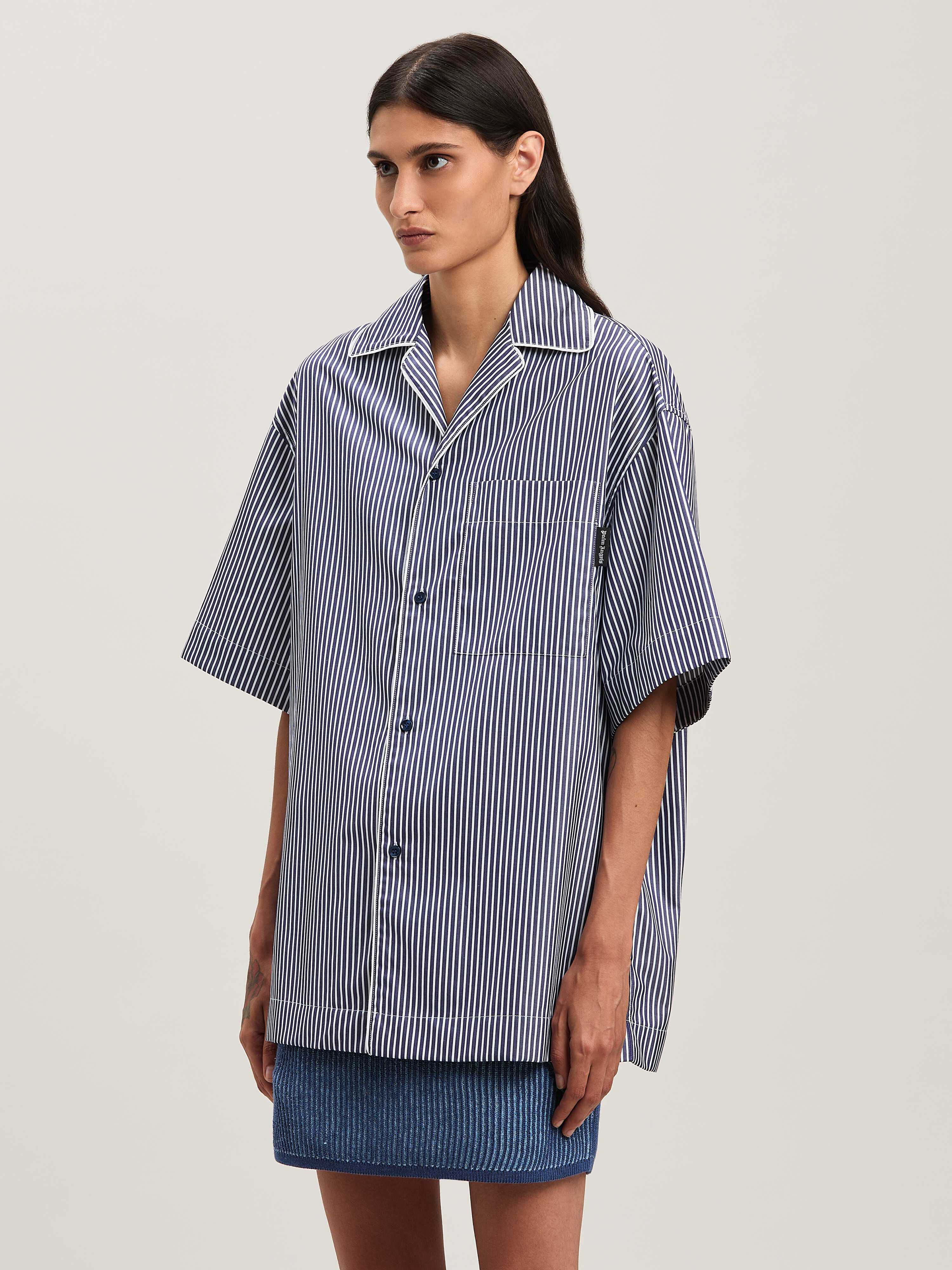 PALM ANGELS  Curved logo striped shirt NAVY BLUE - OFF WHITE PWGG005S25FAB001