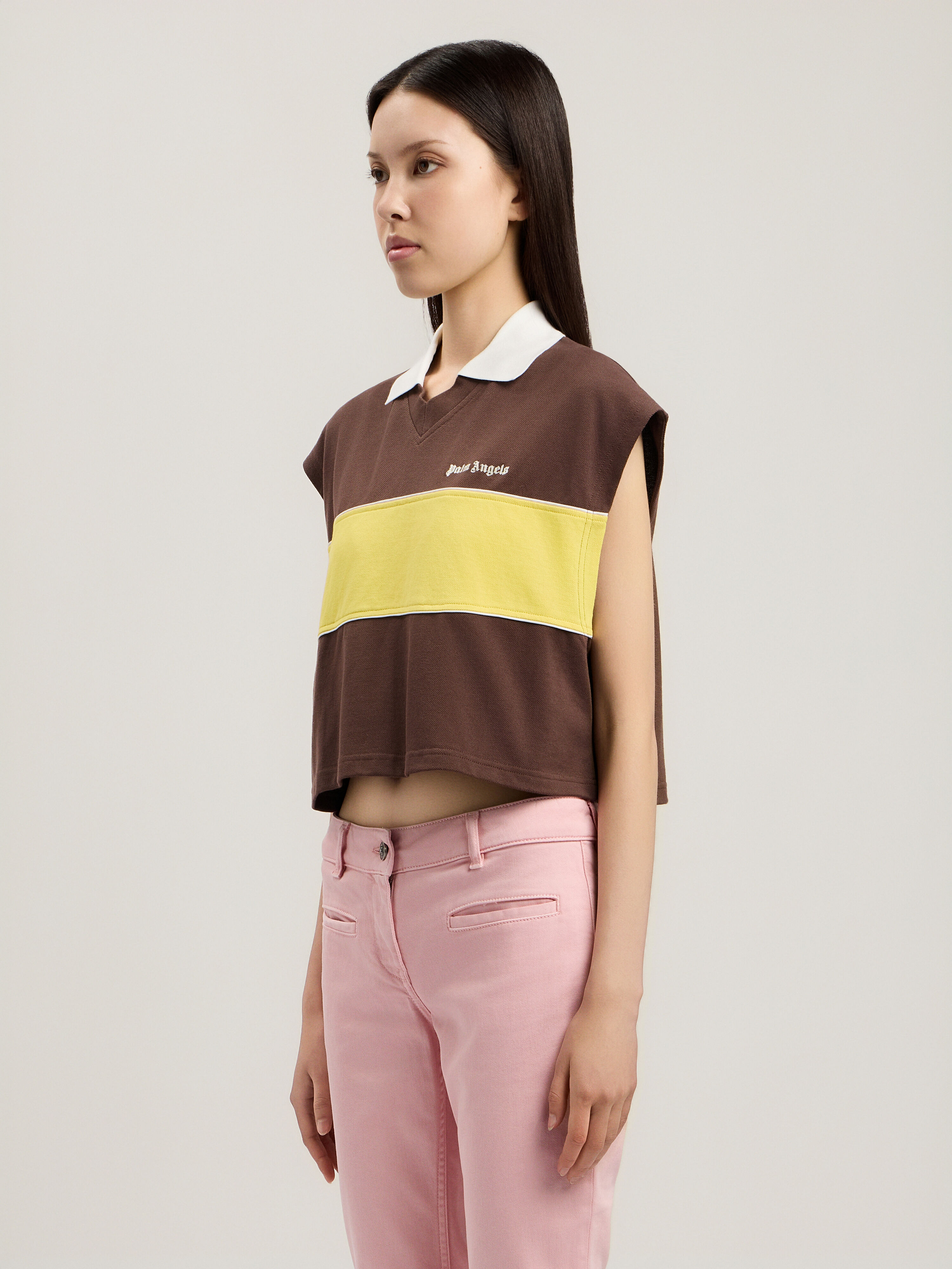 PALM ANGELS Classic Logo Boxy Polo BROWN YELLOW PWGB017S26FAB001