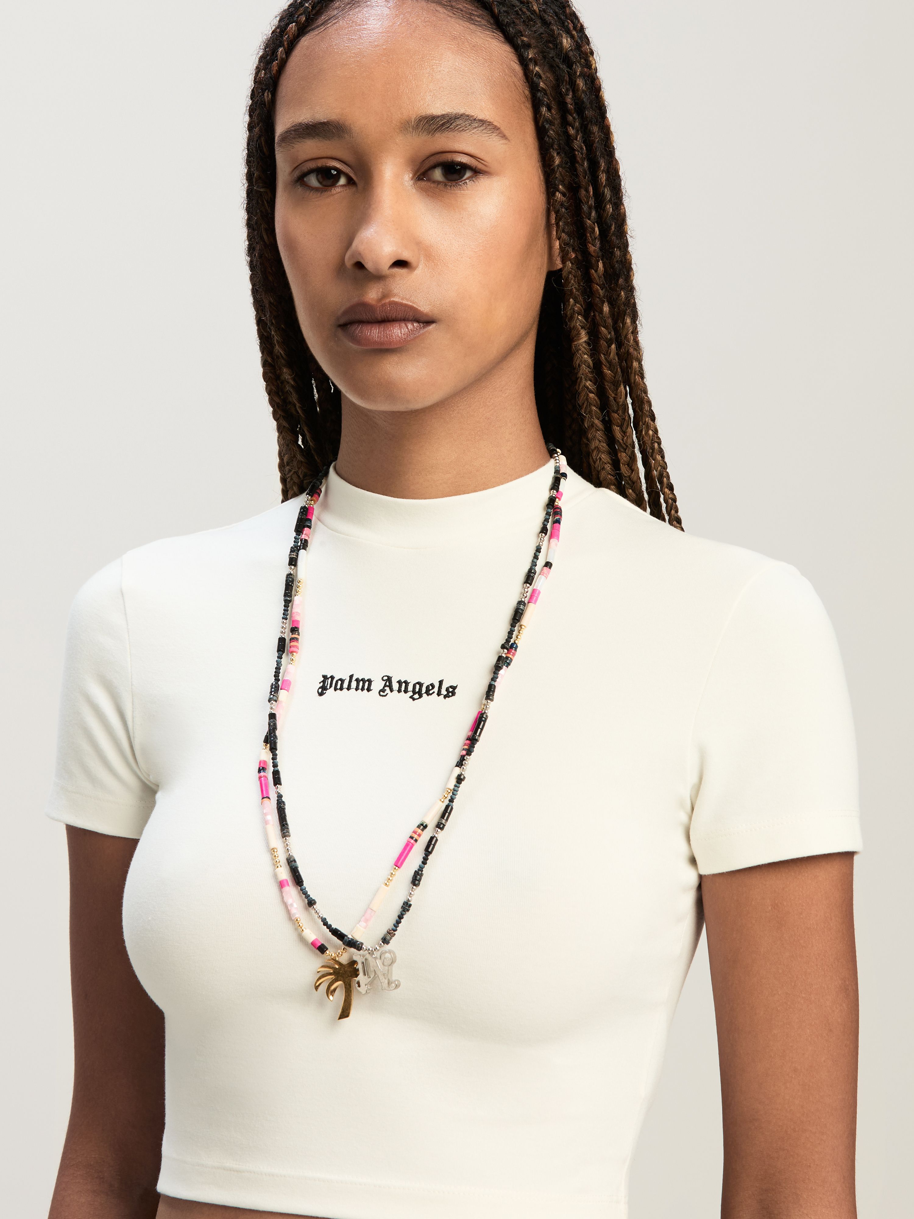 PALM ANGELS  Cropped Baby T-Shirt mit klassischem Logo OFF WHITE - BLACK PWAA074C99JER001