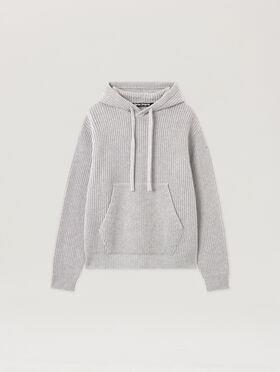 PALM ANGELS Curved Logo Rib Knit Hoodie GREY MELANGE - OFF WHITE PMHU025F25KNI001