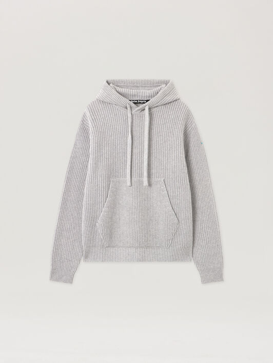 Curved Logo Rib Knit Hoodie PALM ANGELS Curved Logo Rib Knit Hoodie GREY MELANGE - OFF WHITE PMHU025F25KNI001