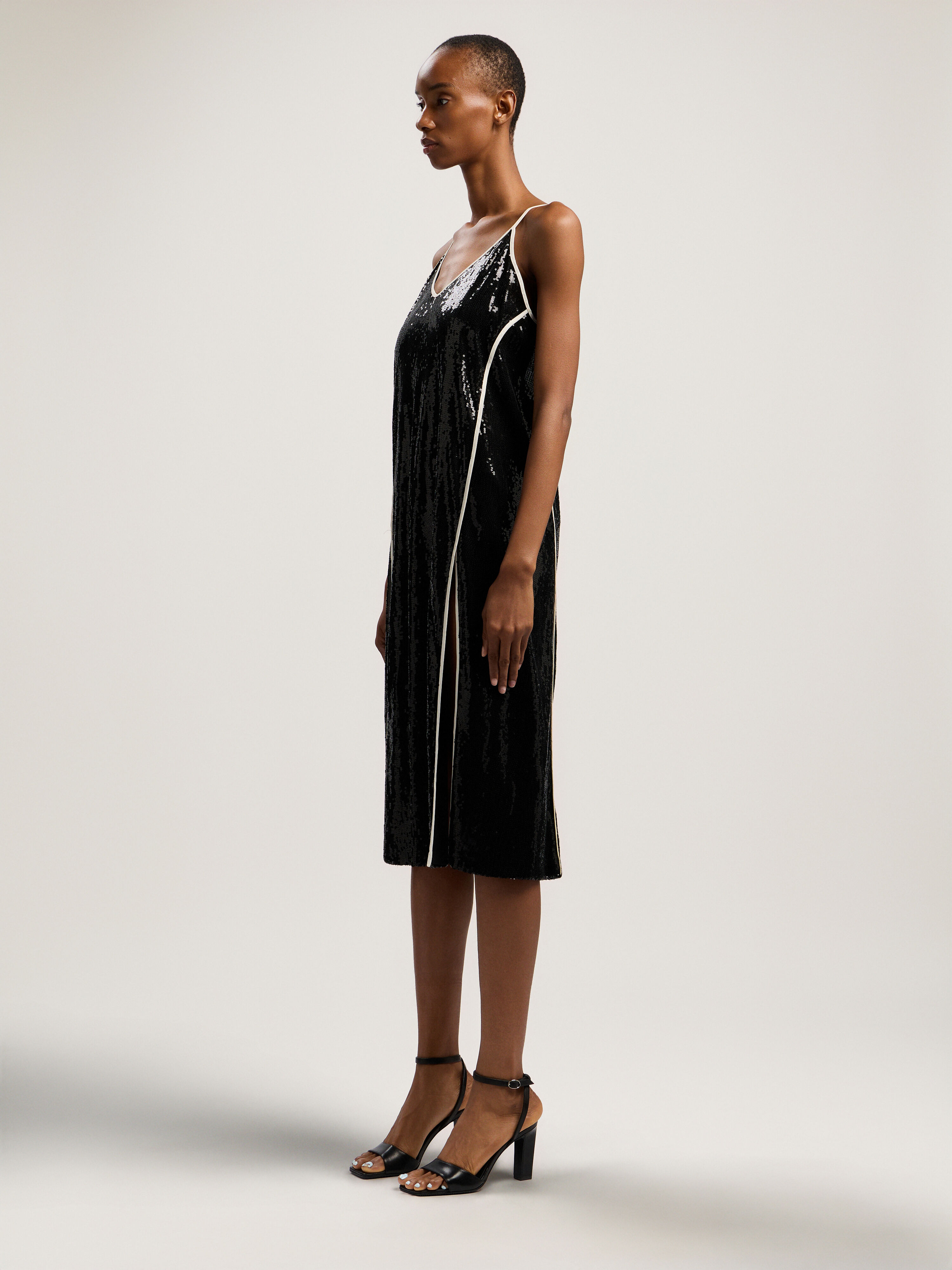 PALM ANGELS Curved Logo Sequin Slip Dress BLACK - OFF WHITE PWDJ009F25FAB001