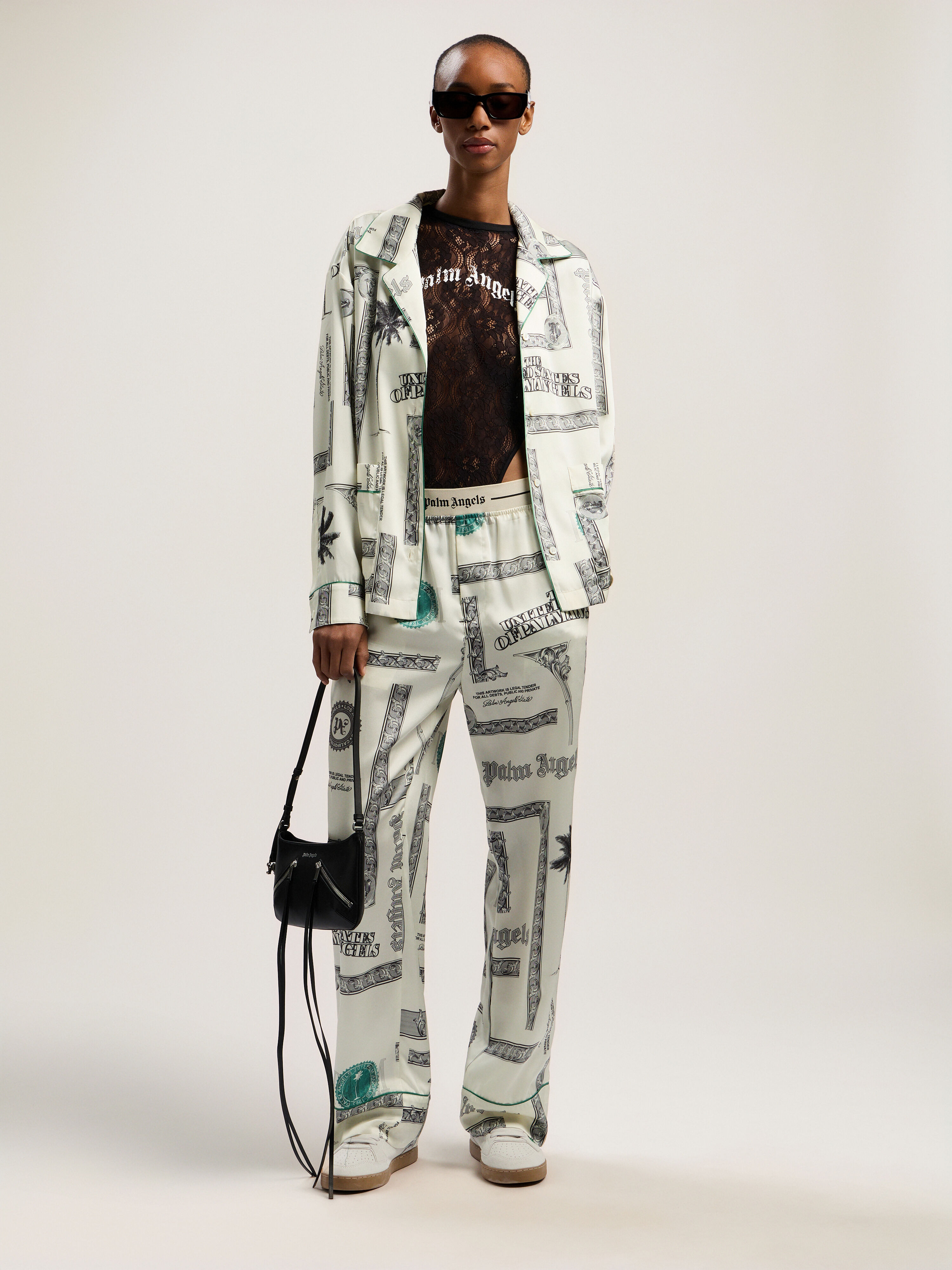 PALM ANGELS Dollar Print Pajama Shirt IVORY - BLACK PWGE025F25FAB001