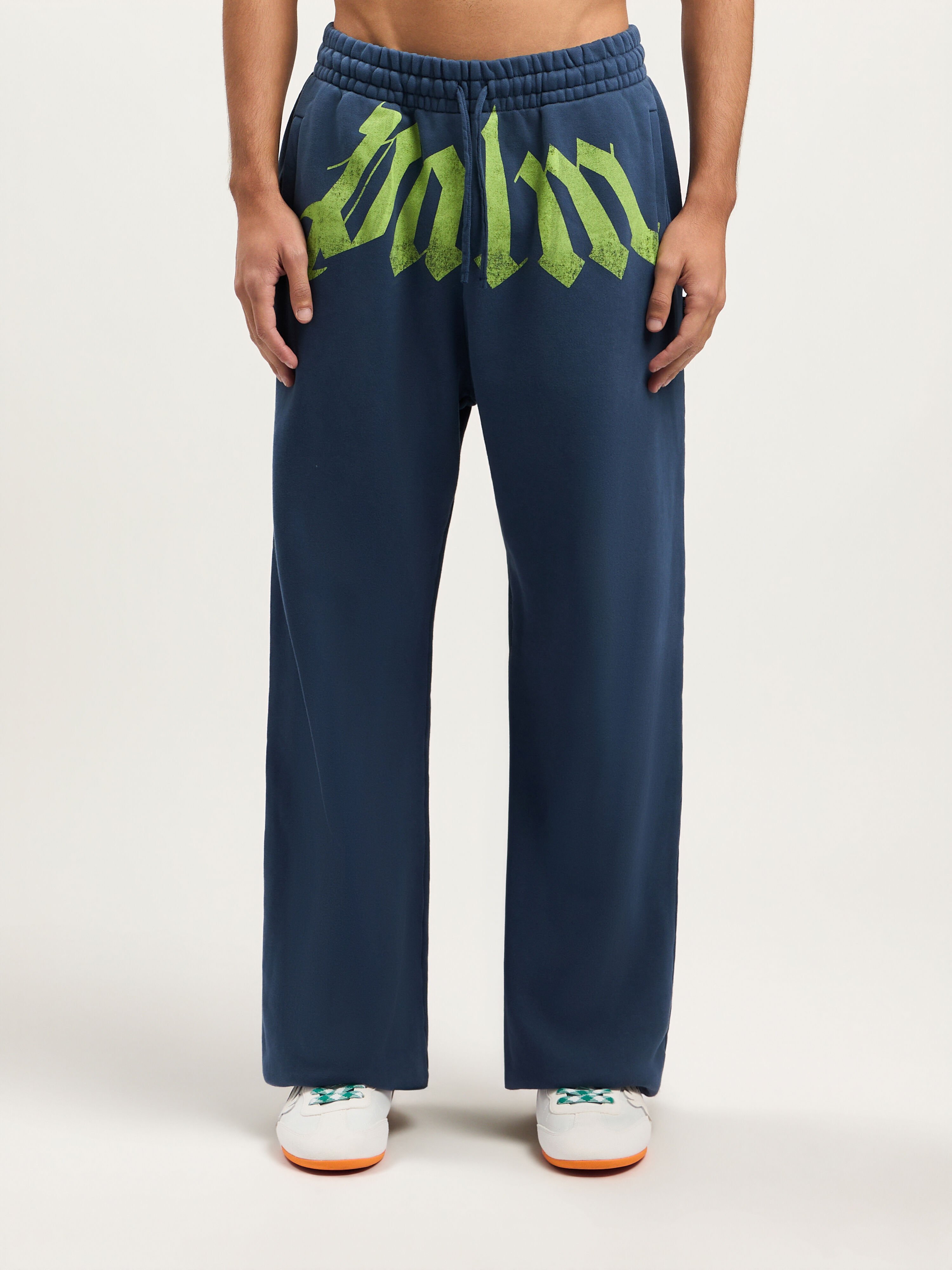 PALM ANGELS Big Waist Logo Sweatpants NAVY BLUE LIME PMCH025S26FLE003