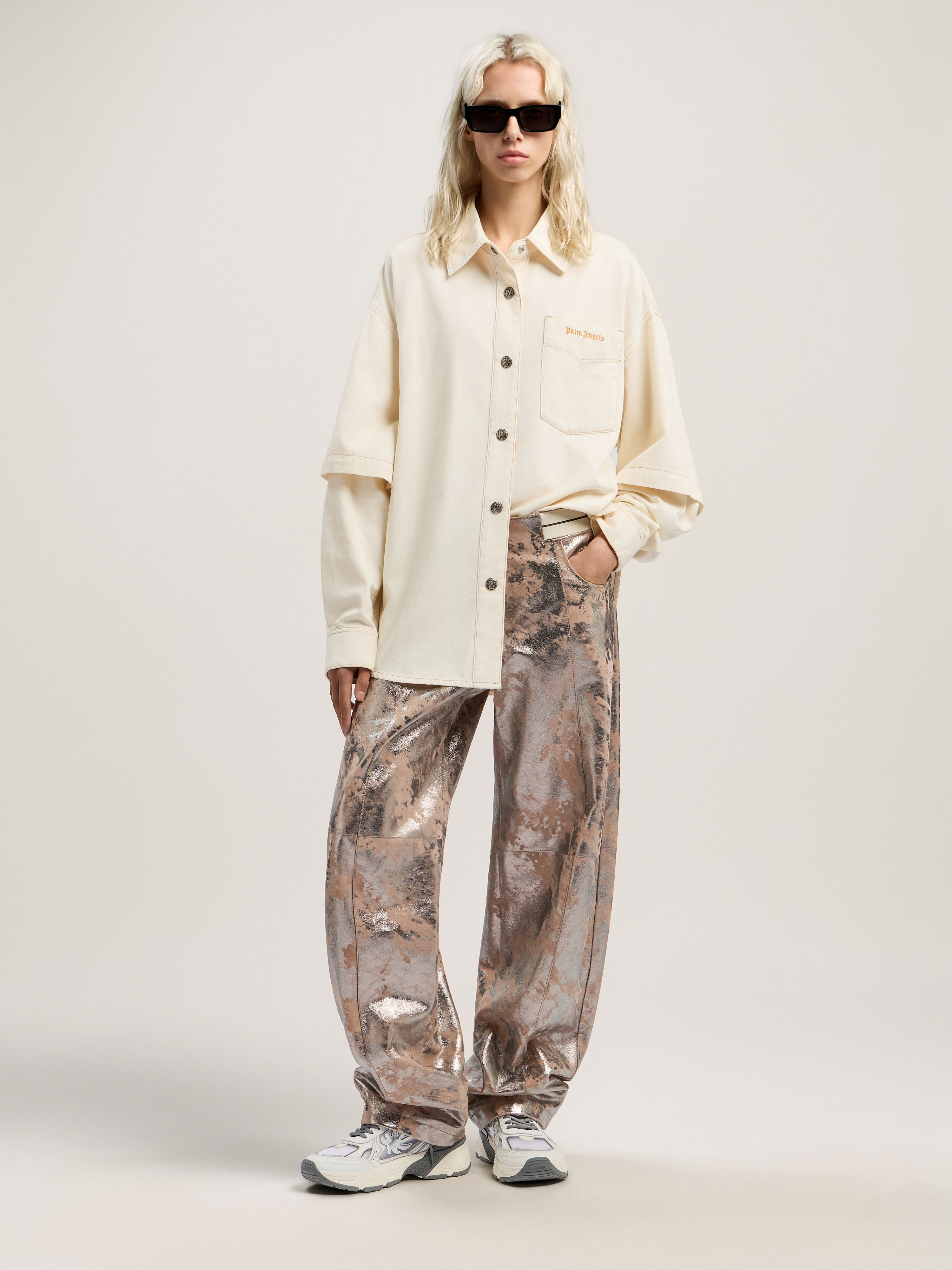 PALM ANGELS Hybrid Denim Overshirt OFF WHITE - BLACK PWYD025F25DEN001