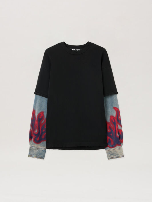 PALM ANGELS Flames Hybrid Shirt L/S VINTAGE BLACK - MEDIUM BLUE PMGE04BF25FAB001