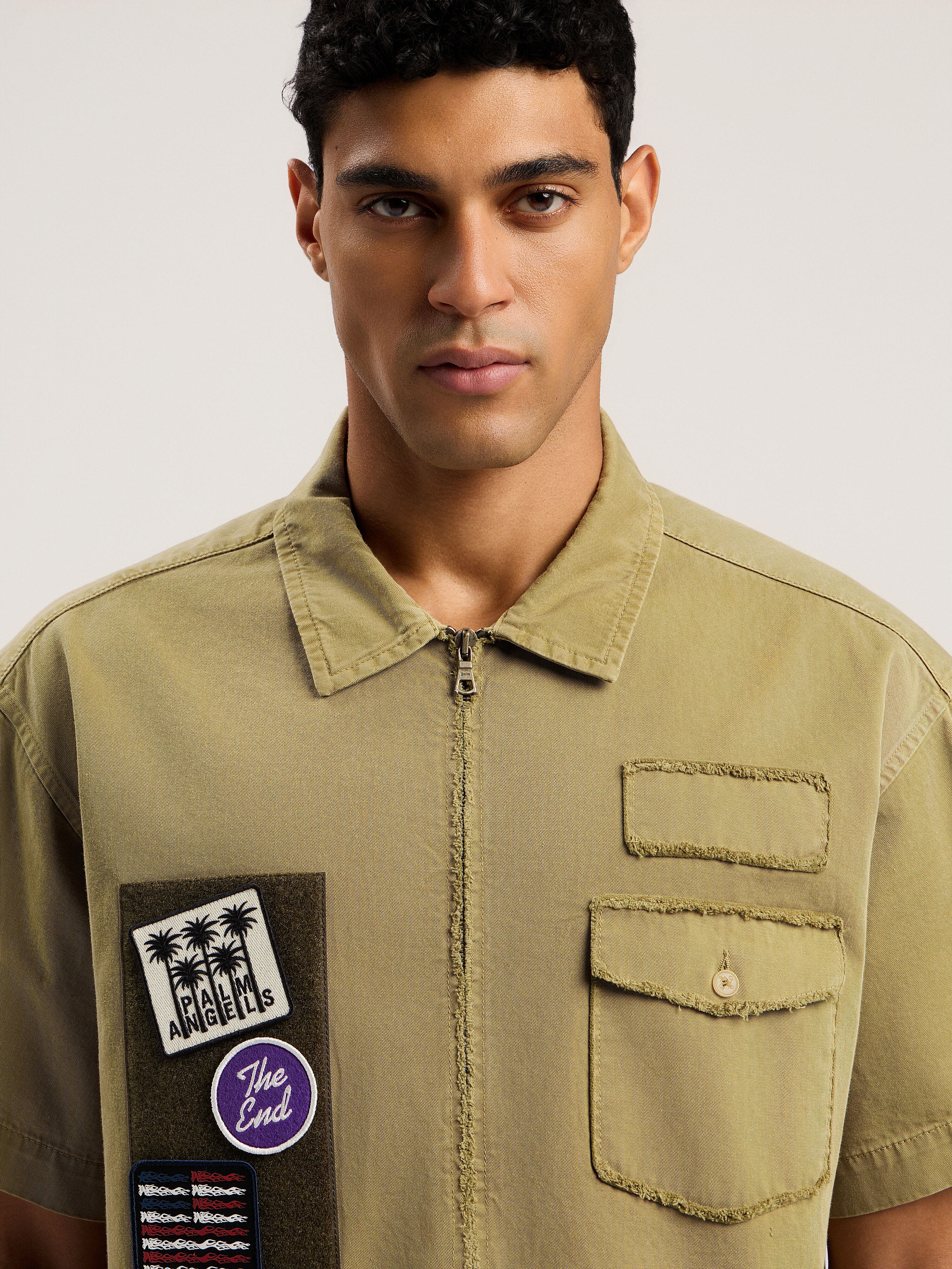 Military Patch Zipped Shirt PALM ANGELS Military Patch Zipped Shirt ARMY GREEN - MULTICOLOR PMGG00BF25FAB001