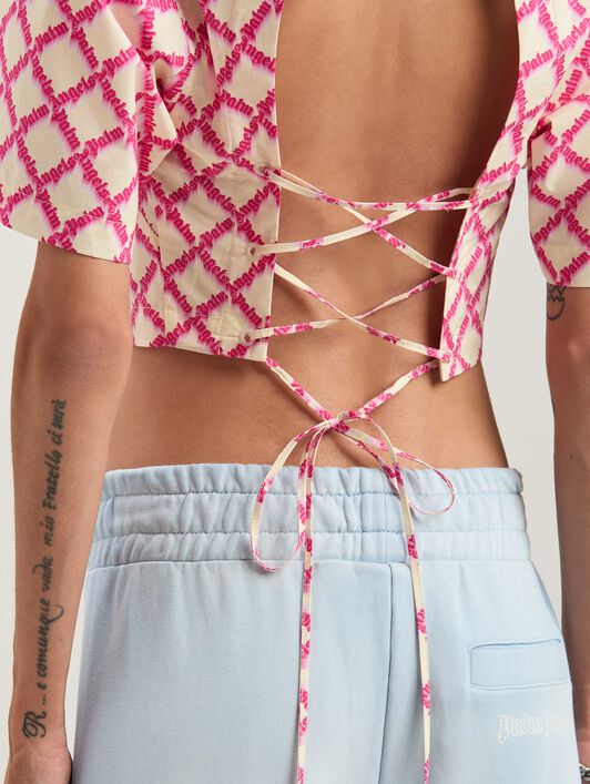 PALM ANGELS  Net Logo crisscrossed shirt IVORY - FUCHSIA PWGG007S25FAB001