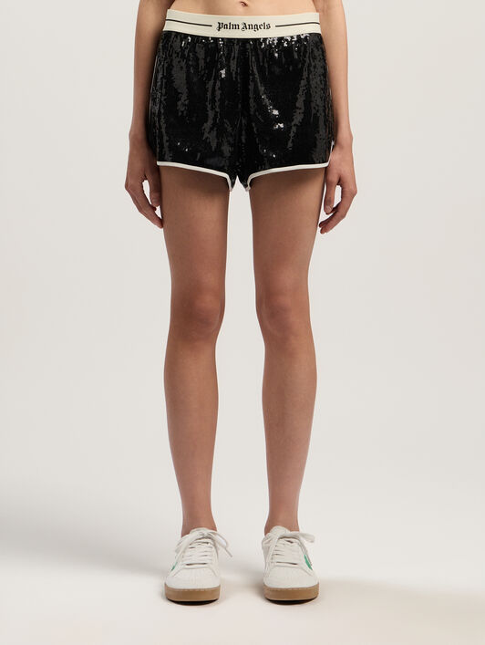 PALM ANGELS Classic Logo Sequin Shorts BLACK - OFF WHITE PWCB058F25FAB001
