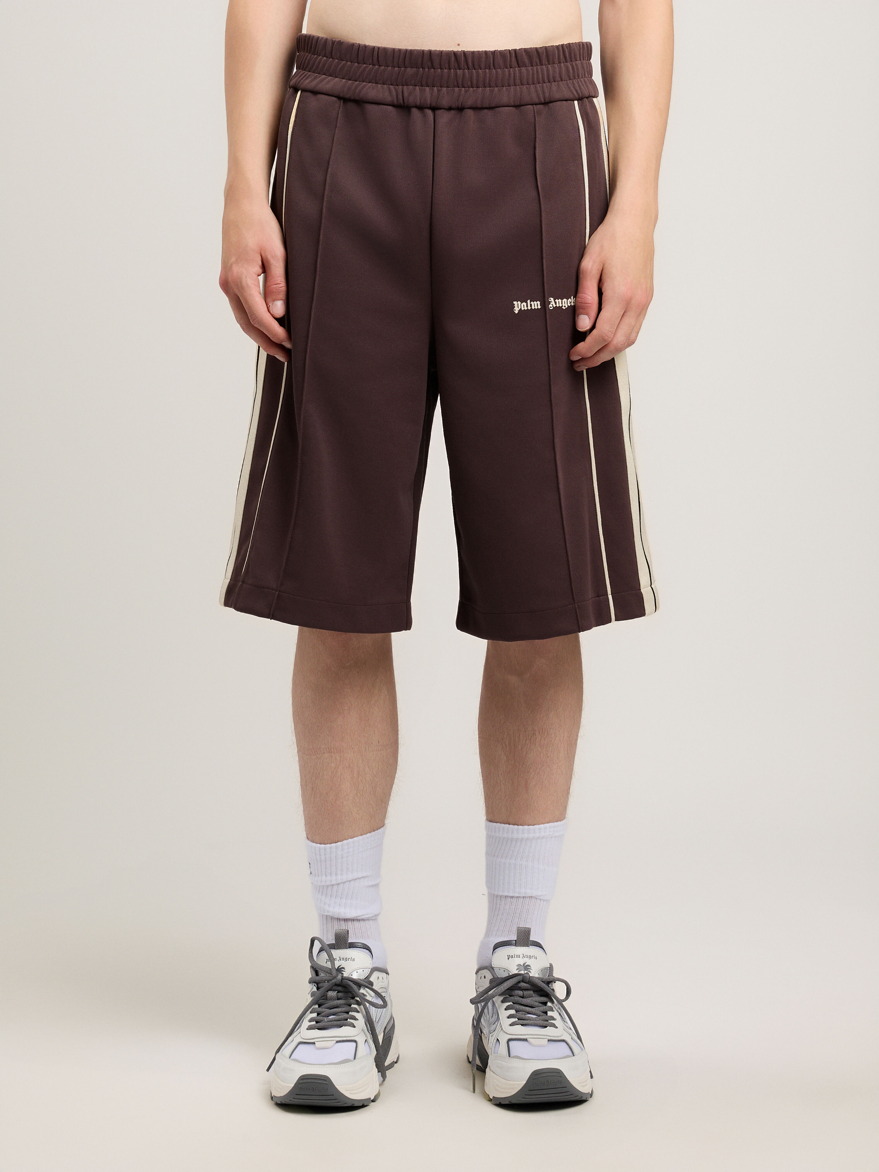 PALM ANGELS Classic Logo Vintage Track Shorts BROWN OFF WHITE PMCL00CS26FAB001