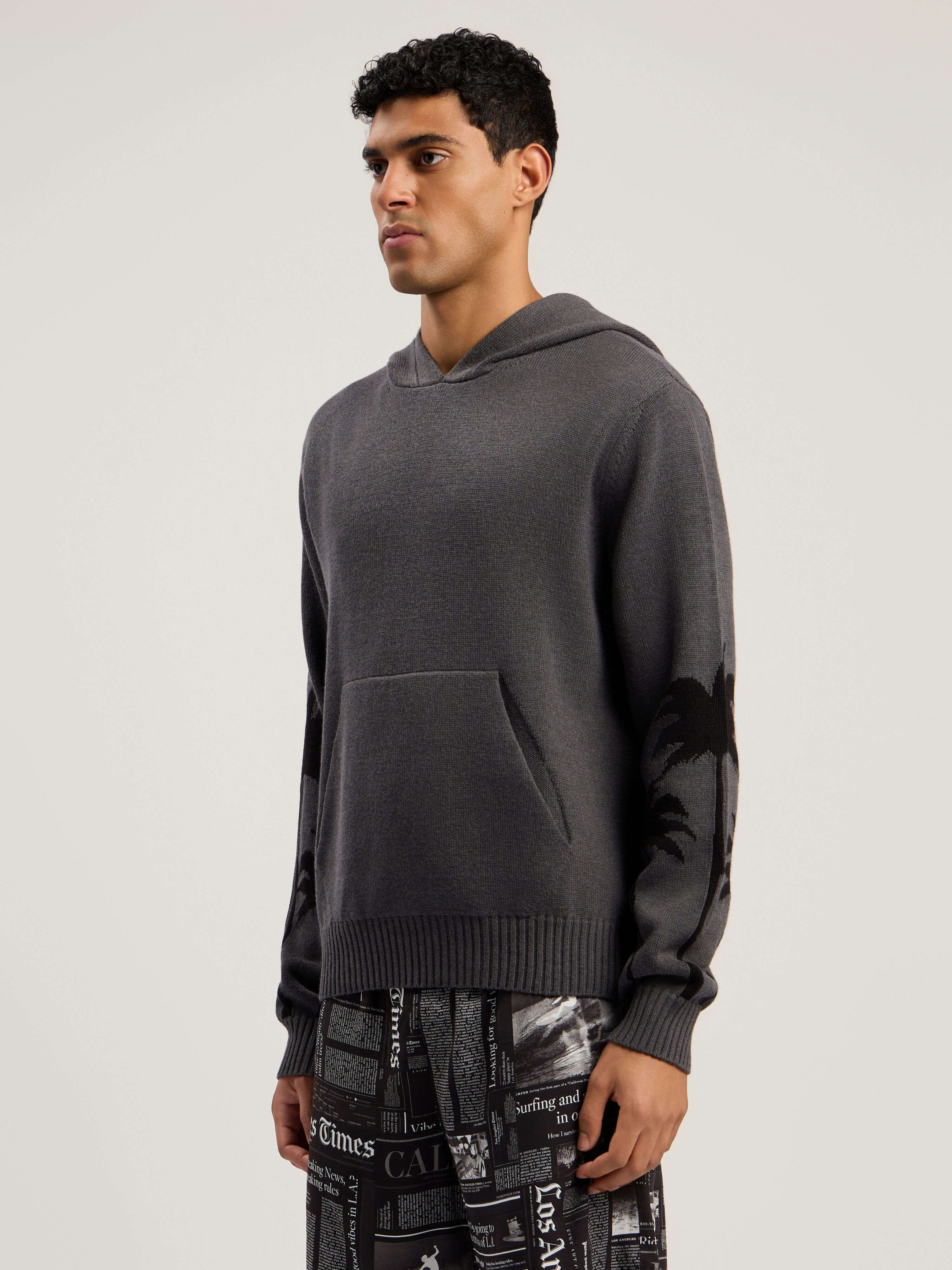 PALM ANGELS Back Palms Knit Hoodie DARK GREY - BLACK PMHU026F25KNI001