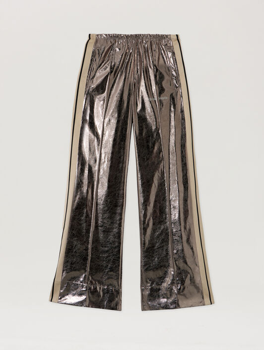 Laminated Wide-Leg Track Pants PALM ANGELS Laminated Wide-Leg Track Pants GUNMETAL - OFF WHITE PWCJ031F25FAB001