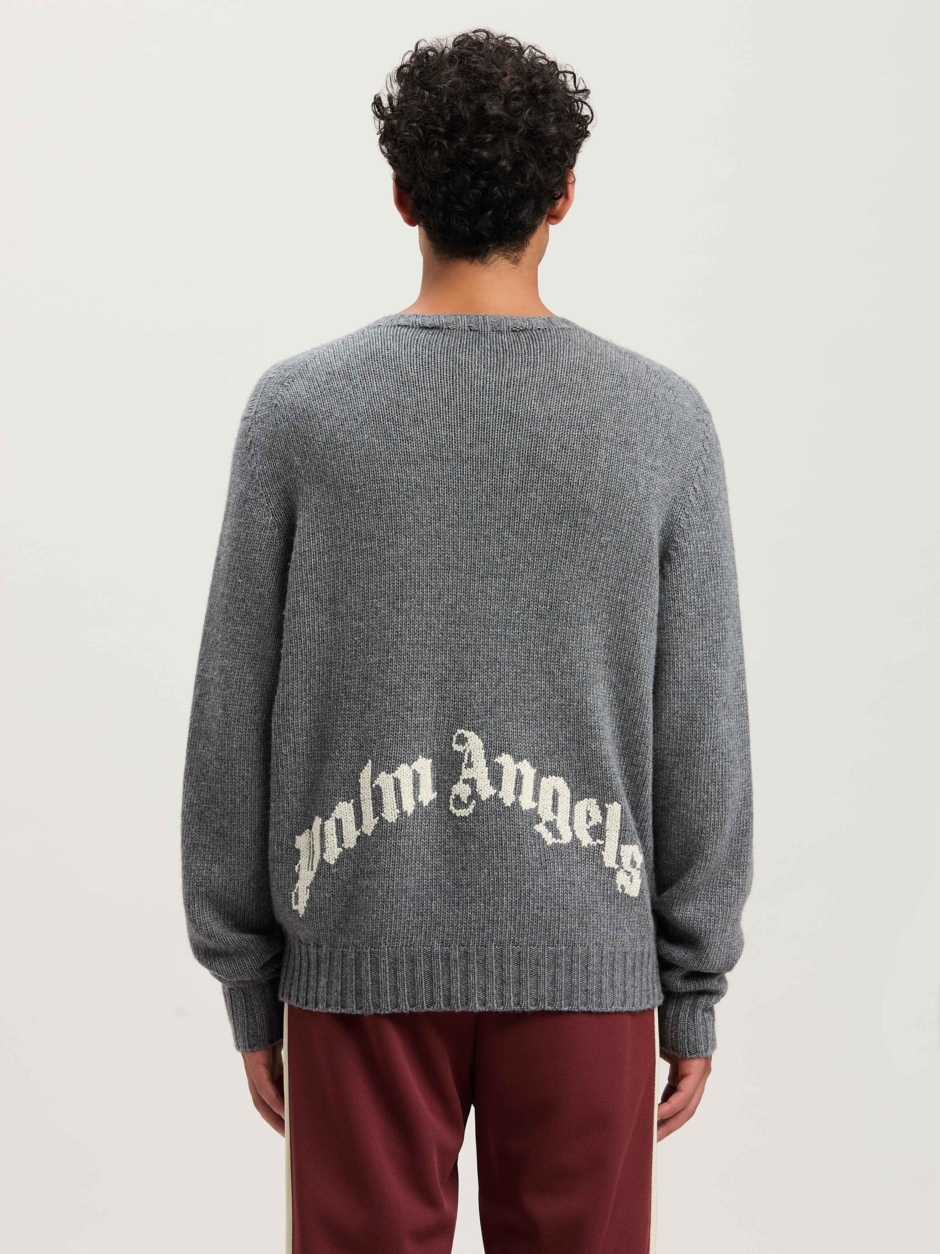 PALM ANGELS  Curved Logo embroidered Sweater GREY MELANGE - OFF WHITE PMHE027S25KNI001