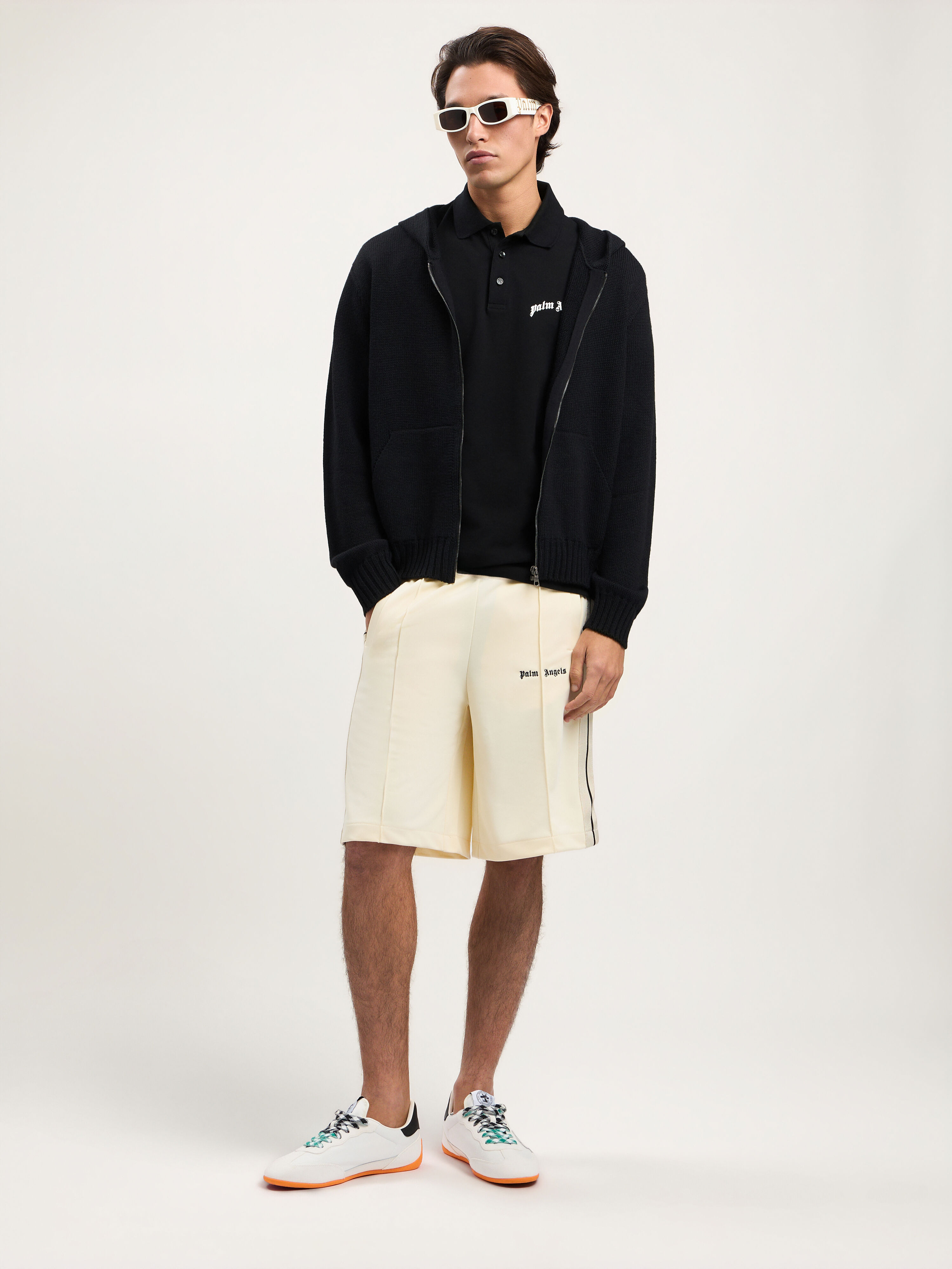 Curved Logo Knit Hoodie in BLACK OFF WHITE for Men | Palm Angels®