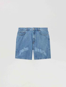 PALM ANGELS Splitted Curved Logo Loose Denim Shorts LIGHT BLUE - LIGHT BLUE PAMYC01F26DN01