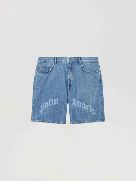 PALM ANGELS Splitted Curved Logo Loose Denim Shorts LIGHT BLUE - LIGHT BLUE PAMYC01F26DN01