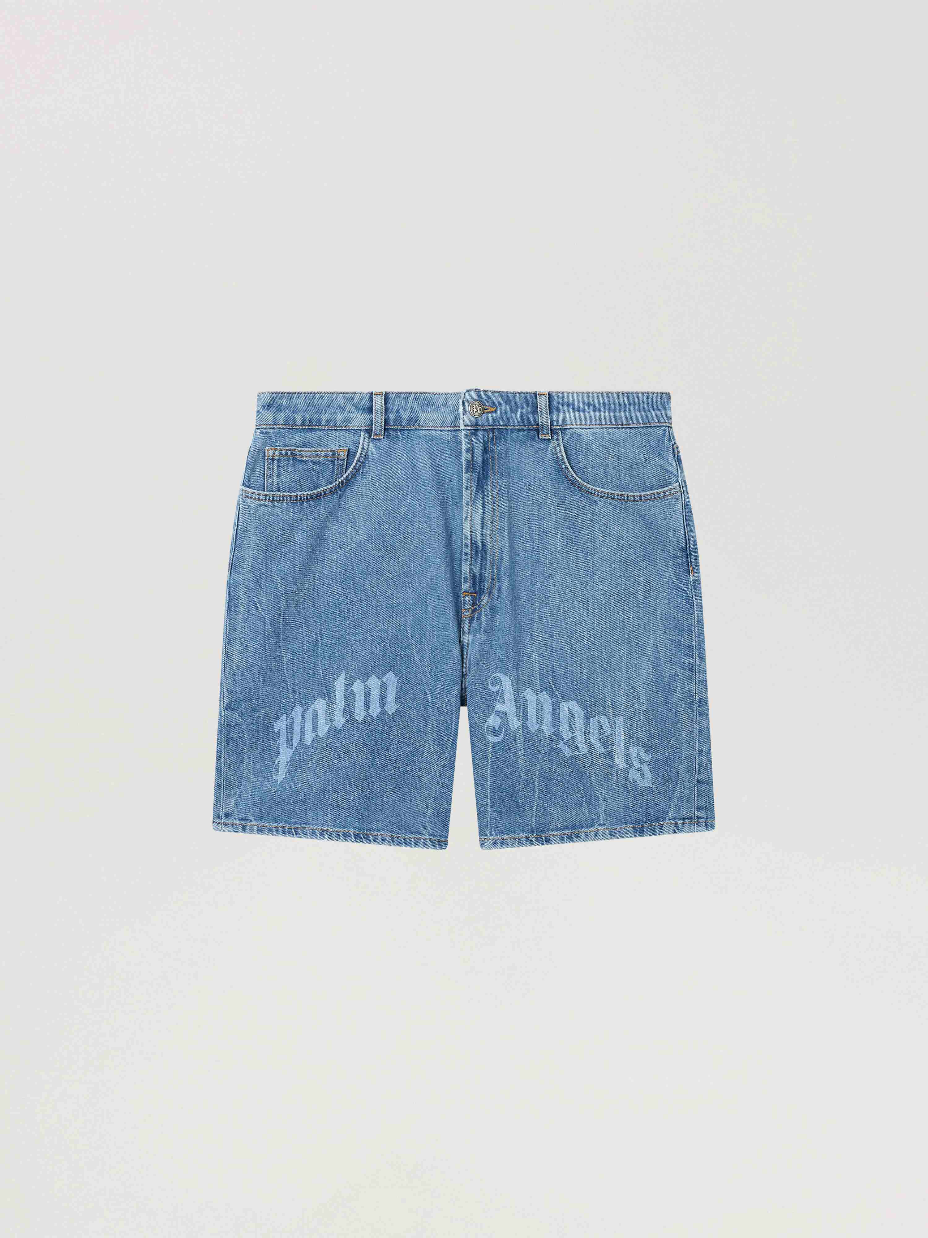 PALM ANGELS Splitted Curved Logo Loose Denim Shorts LIGHT BLUE - LIGHT BLUE PAMYC01F26DN01