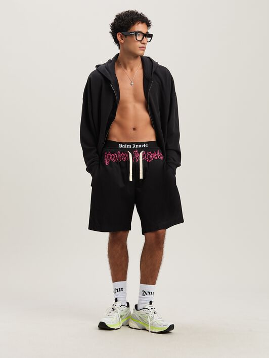 PALM ANGELS  Flame logo sweat shorts BLACK - FUCHSIA PMCB051S25FAB001