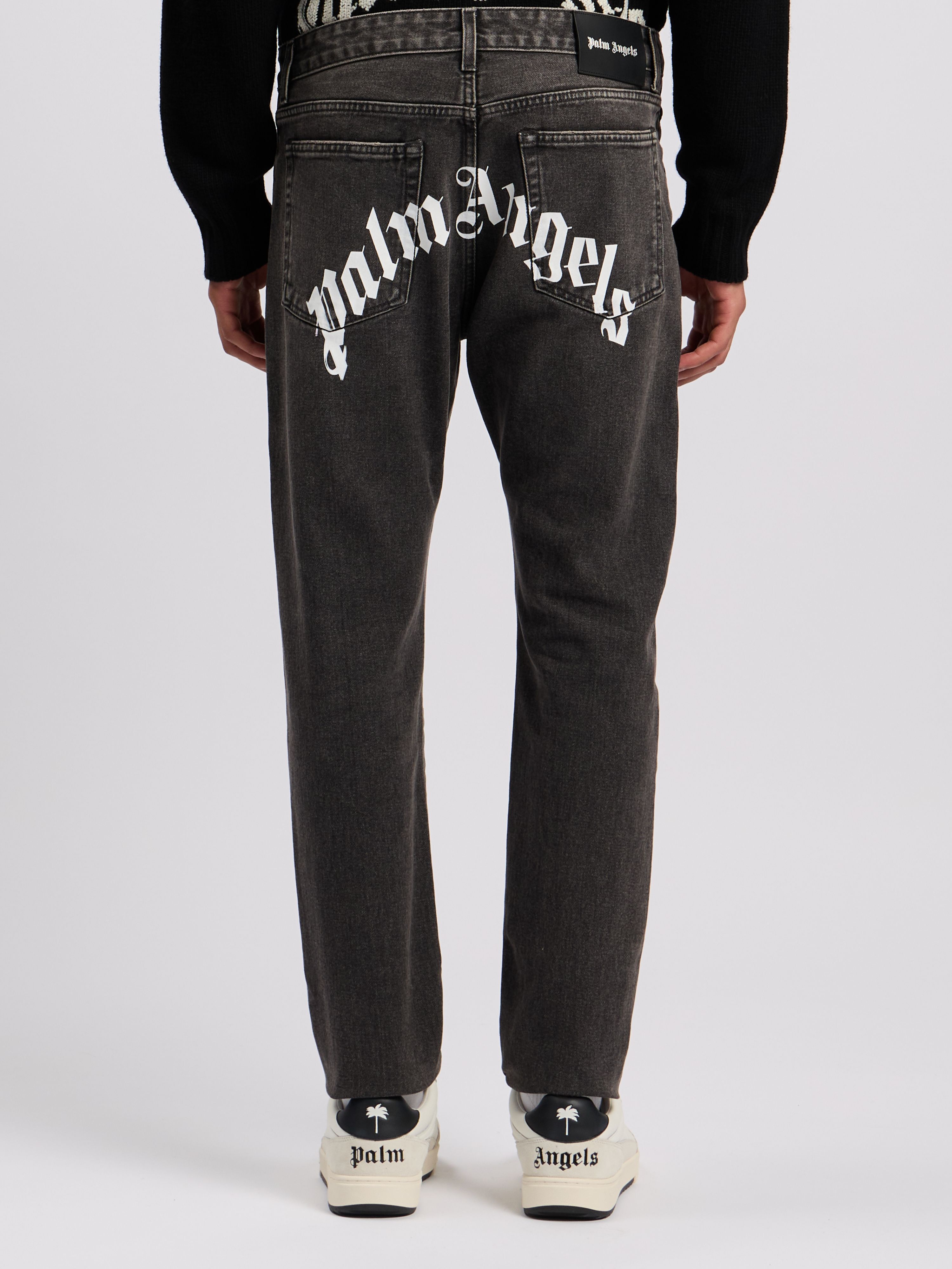 palm Angels CURVED LOGO DENIM SHIRT 黒　XL Curved Logo Denim Jeans in BLACK WHITE for Men | Palm Angels®