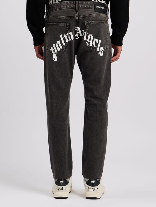 PALM ANGELS Curved Logo Denim Jeans BLACK WHITE PMYA012C99DEN001