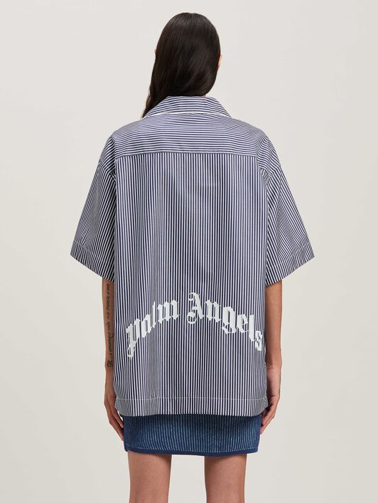 PALM ANGELS  Curved logo striped shirt NAVY BLUE - OFF WHITE PWGG005S25FAB001
