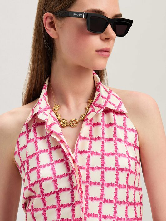 PALM ANGELS  Net logo open back shirt IVORY - FUCHSIA PWGF010S25FAB001