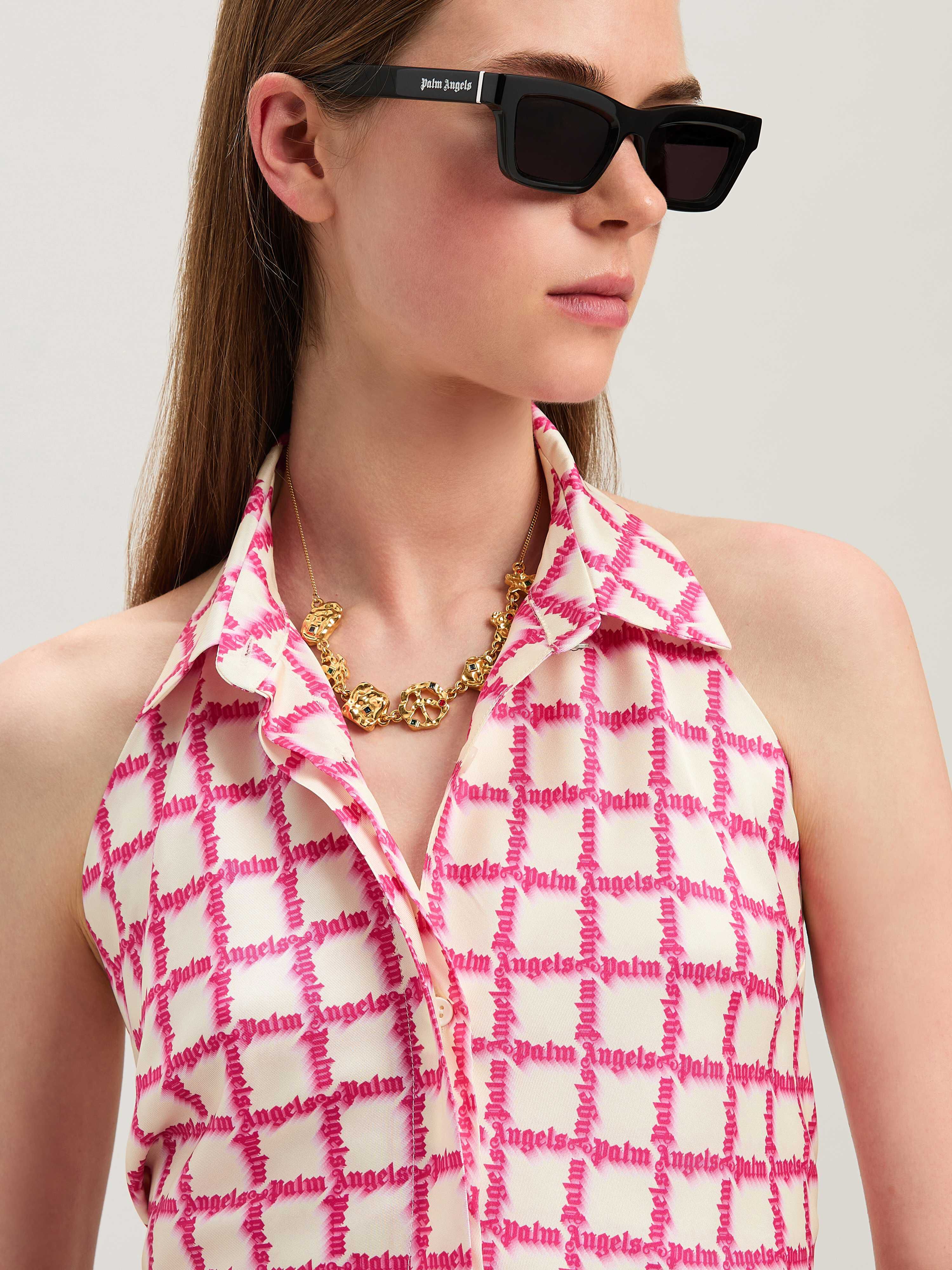 PALM ANGELS  Net logo open back shirt IVORY - FUCHSIA PWGF010S25FAB001