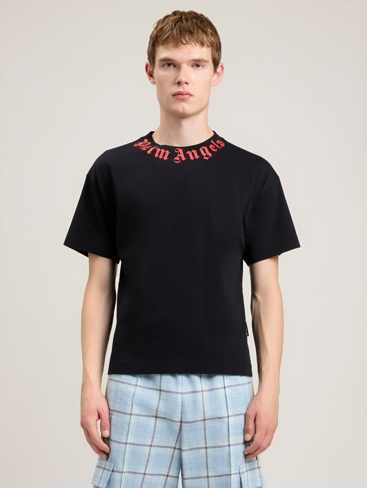 PALM ANGELS Neck Logo T-Shirt BLACK RED PMAA109S26JER008