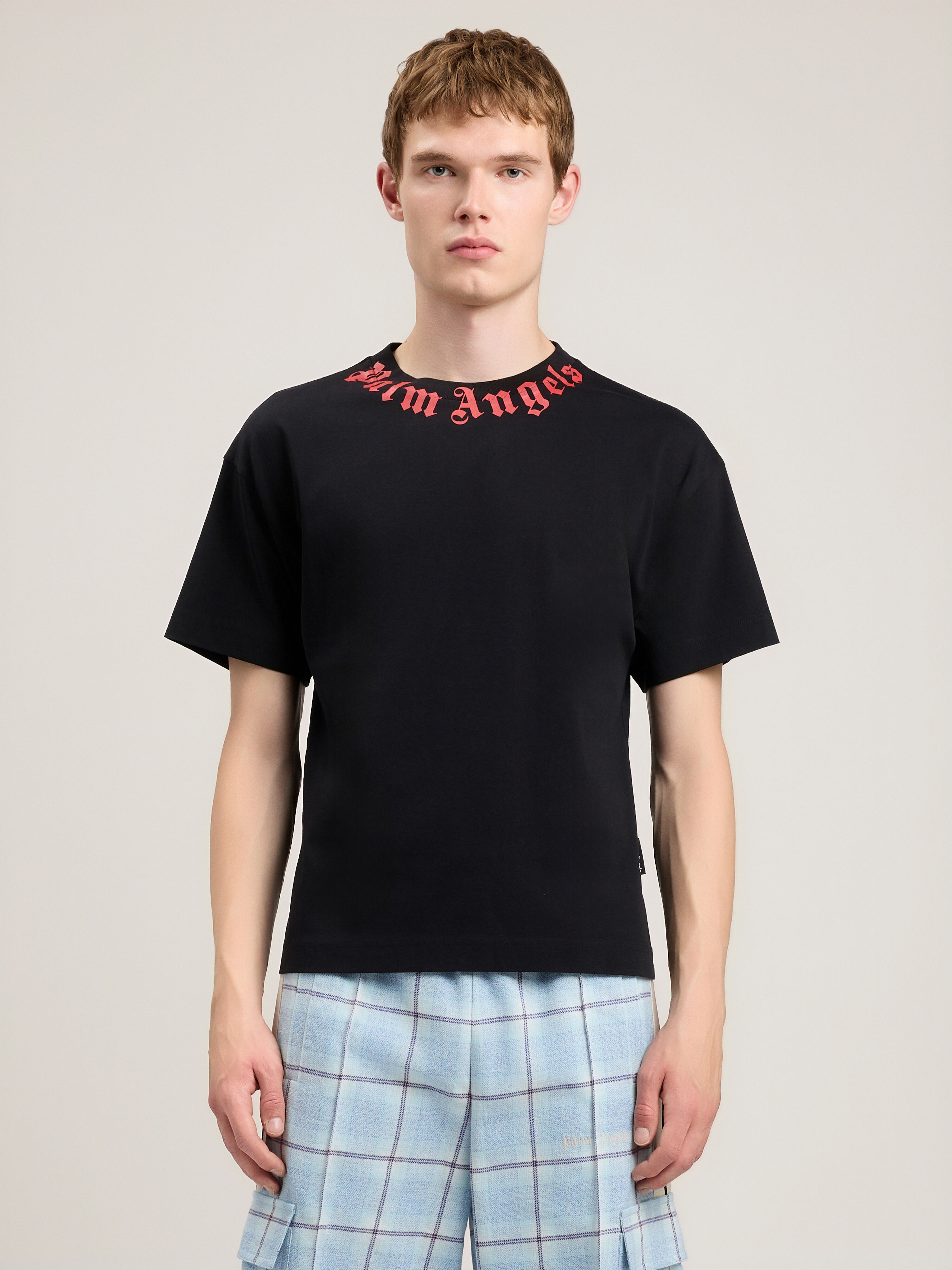 PALM ANGELS Neck Logo T-Shirt BLACK RED PMAA109S26JER008